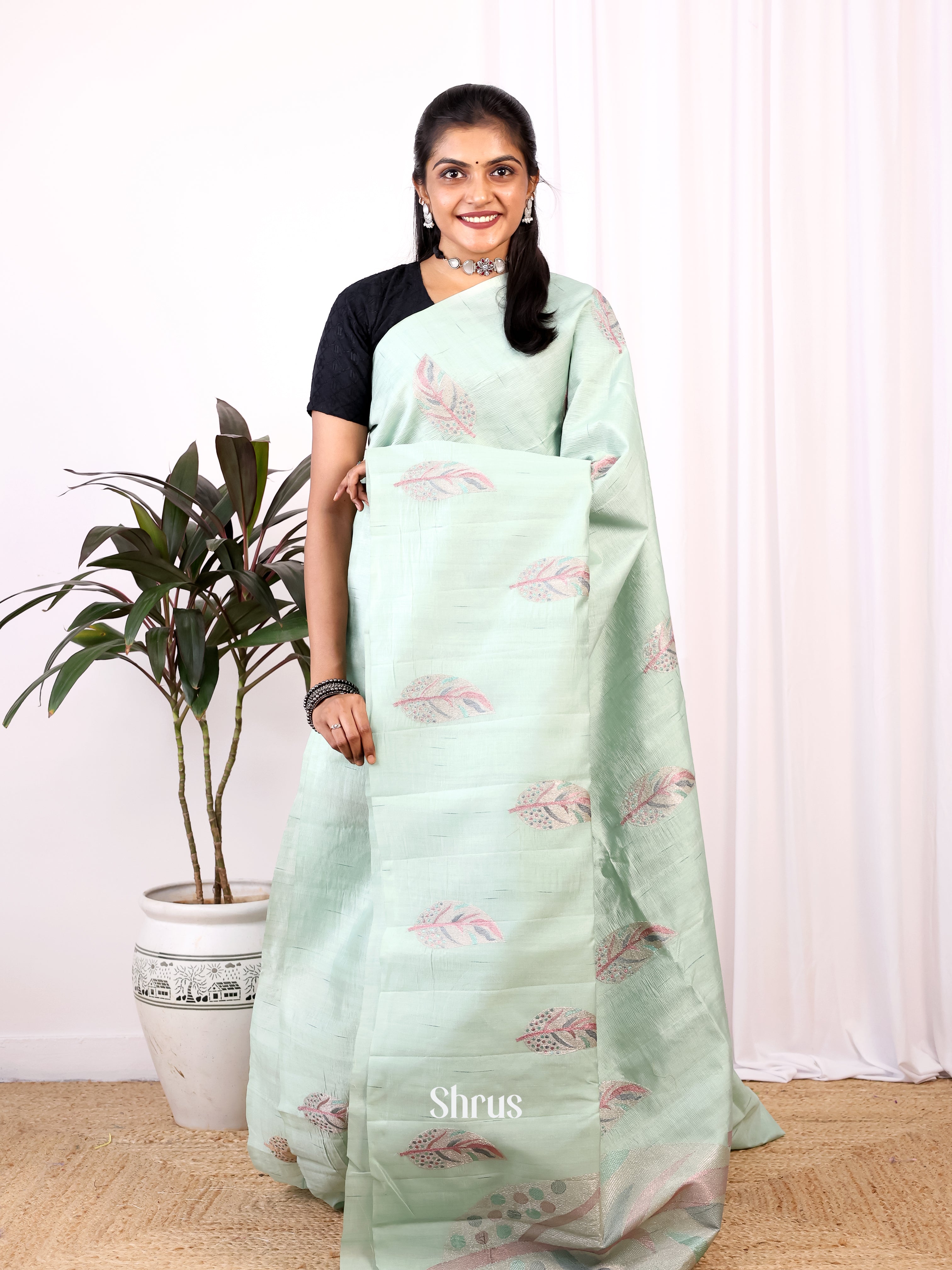 Pastel Green - Semi Rawsilk Saree - Shop on Shrus.com