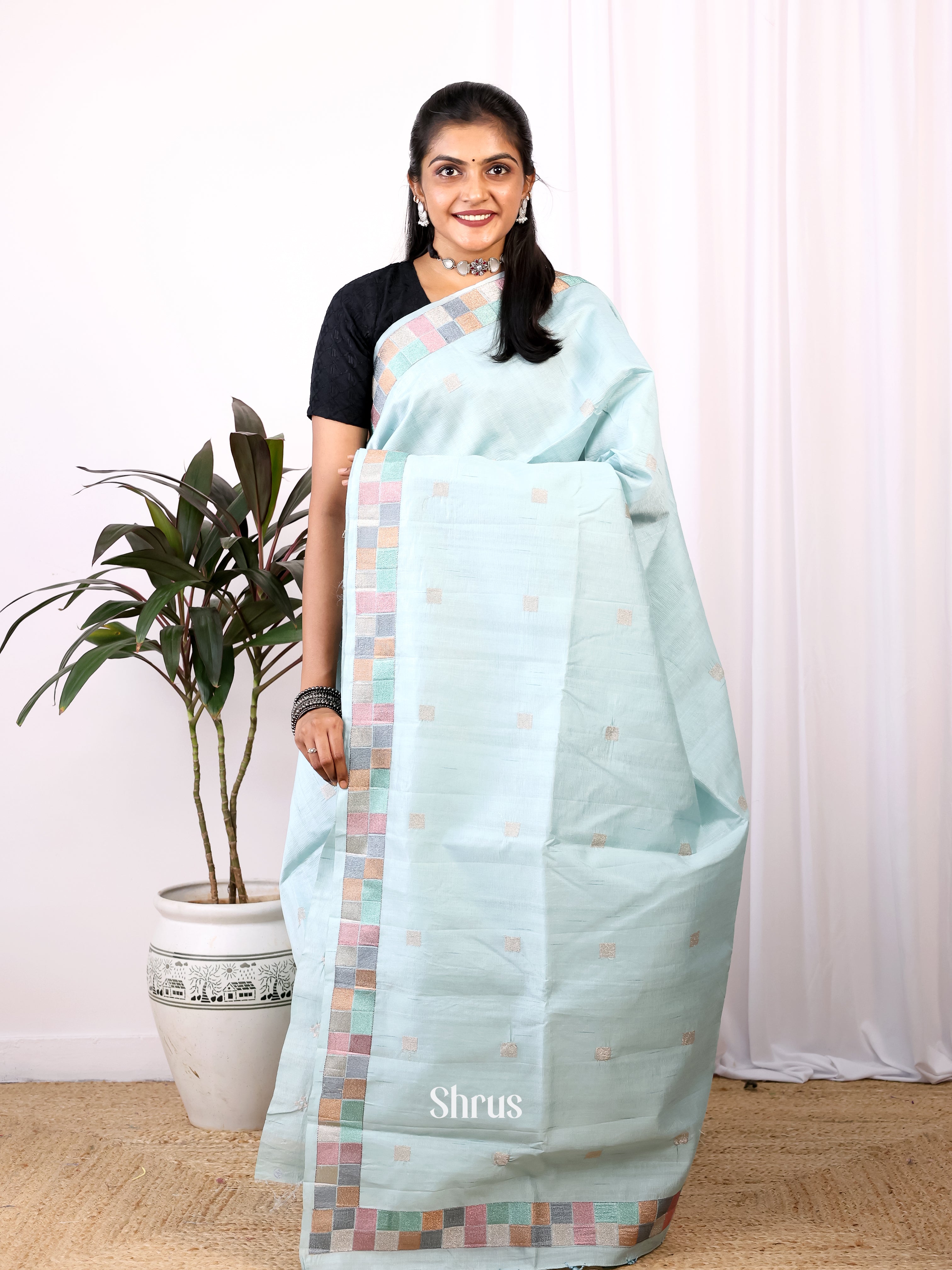 Pastel Blue - Semi Rawsilk Saree - Shop on Shrus.com