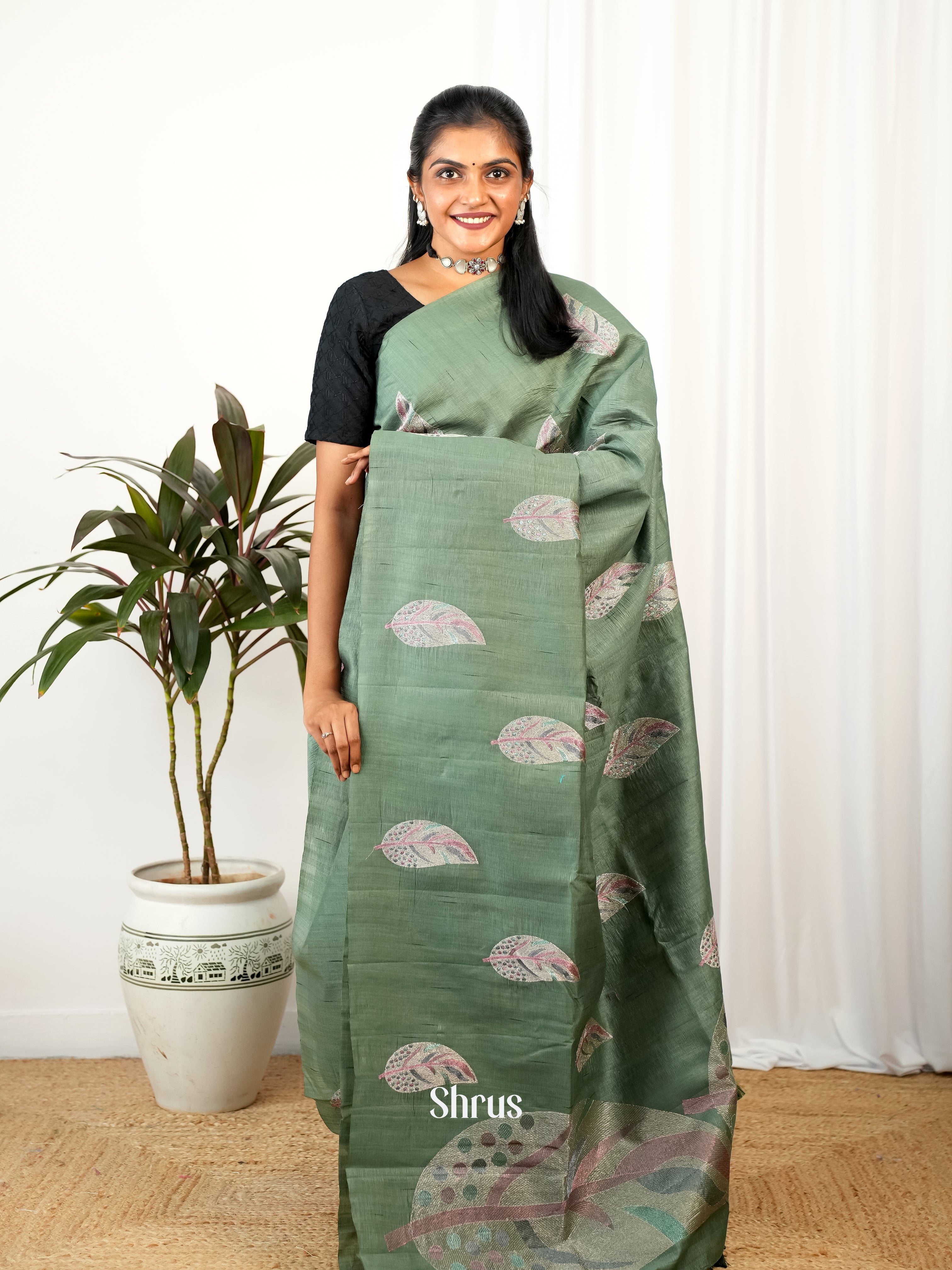 Green - Semi Rawsilk Saree - Shop on Shrus.com