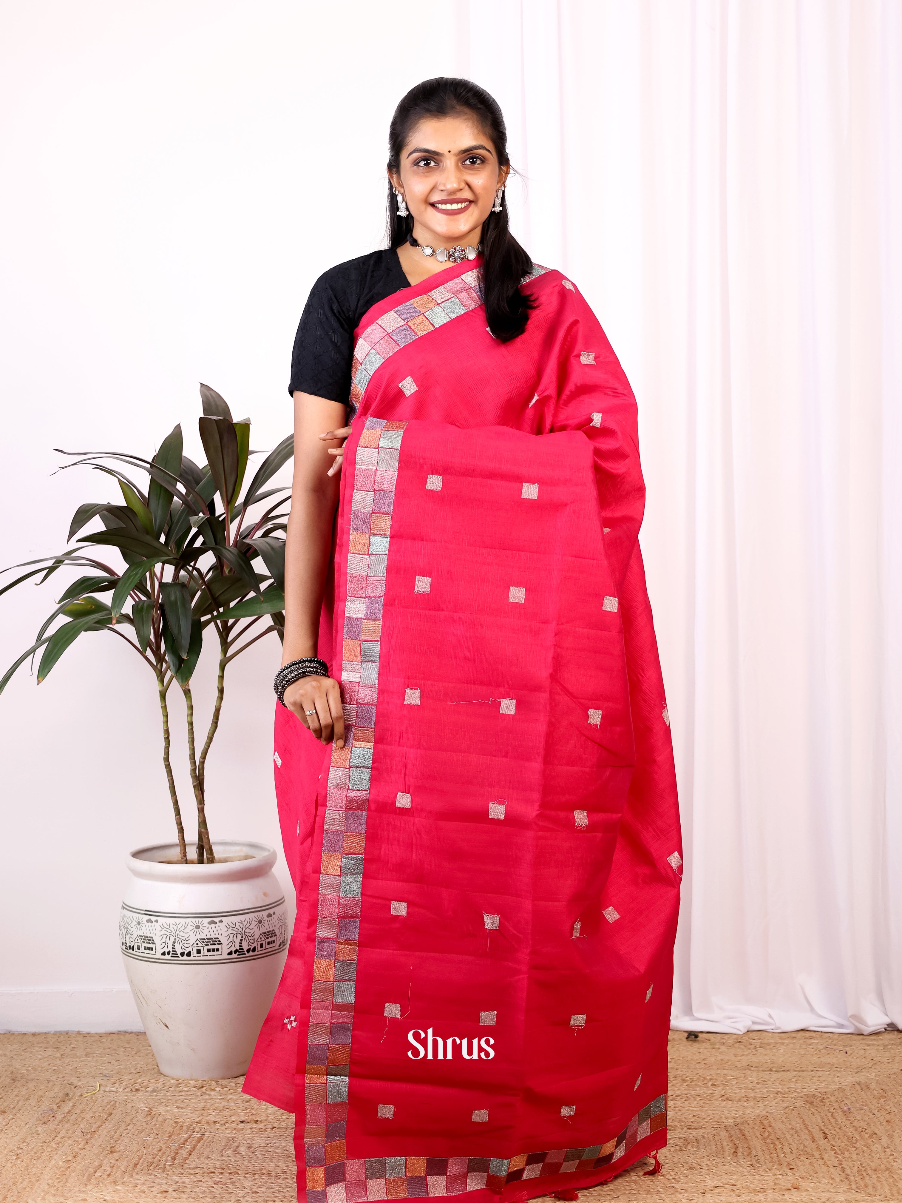 Red- Semi Rawsilk Saree - Shop on Shrus.com