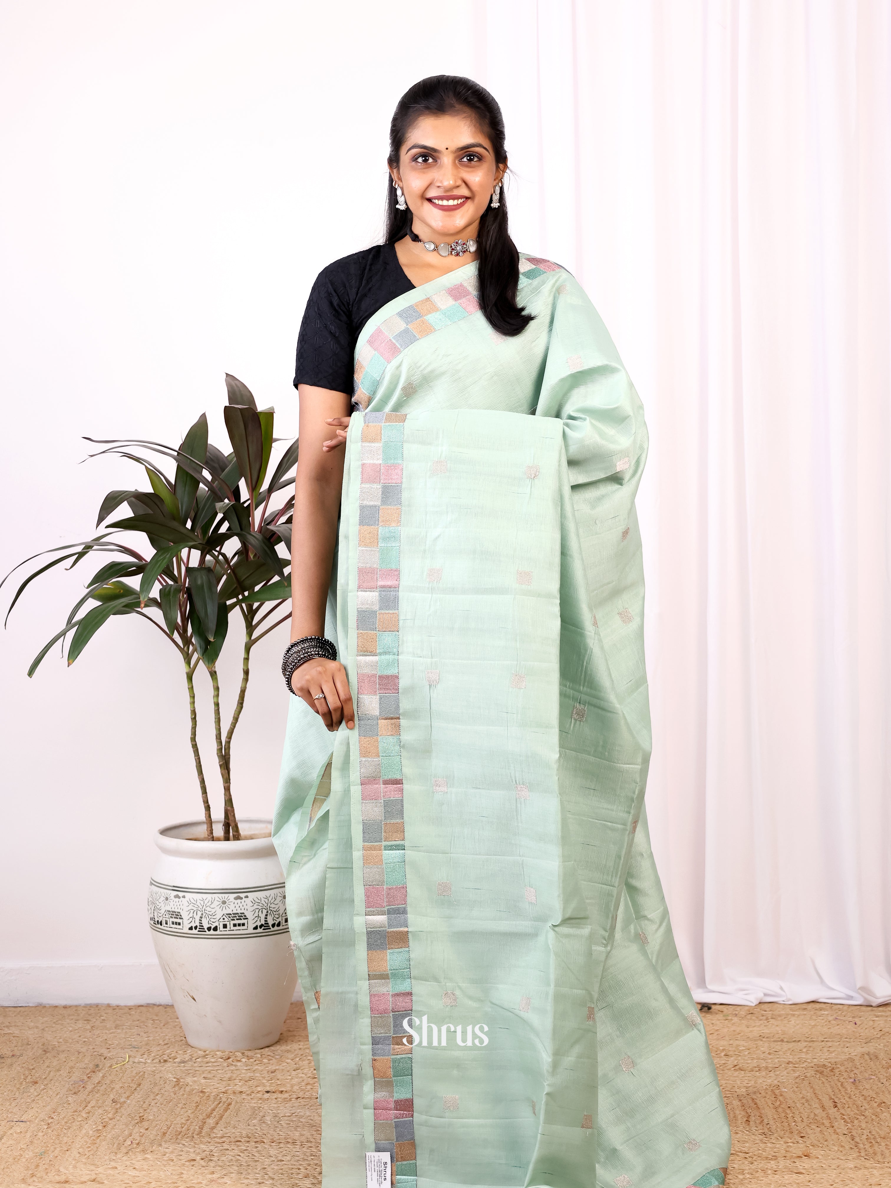 Pastel Green - Semi Rawsilk Saree - Shop on Shrus.com