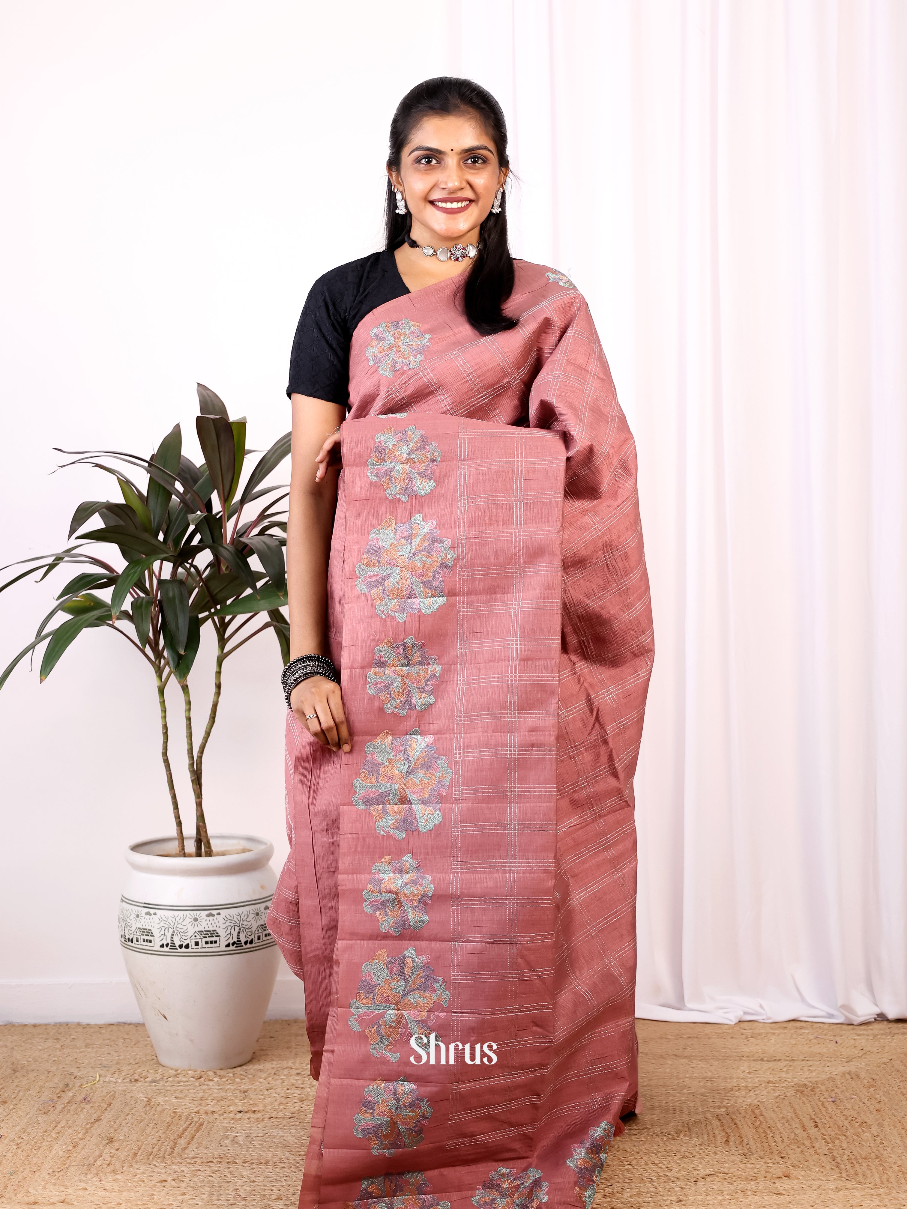 Brown- Semi Rawsilk Saree - Shop on Shrus.com