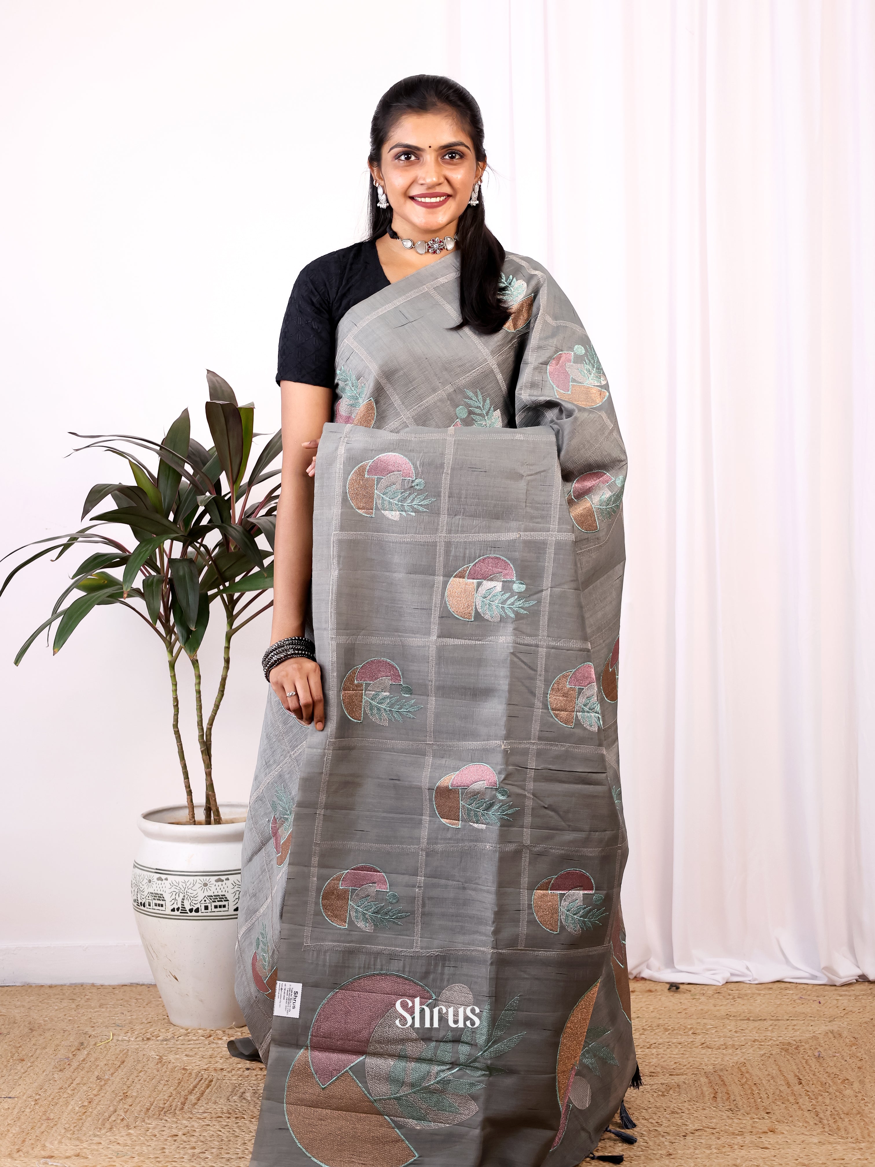 Grey - Semi Rawsilk Saree - Shop on Shrus.com