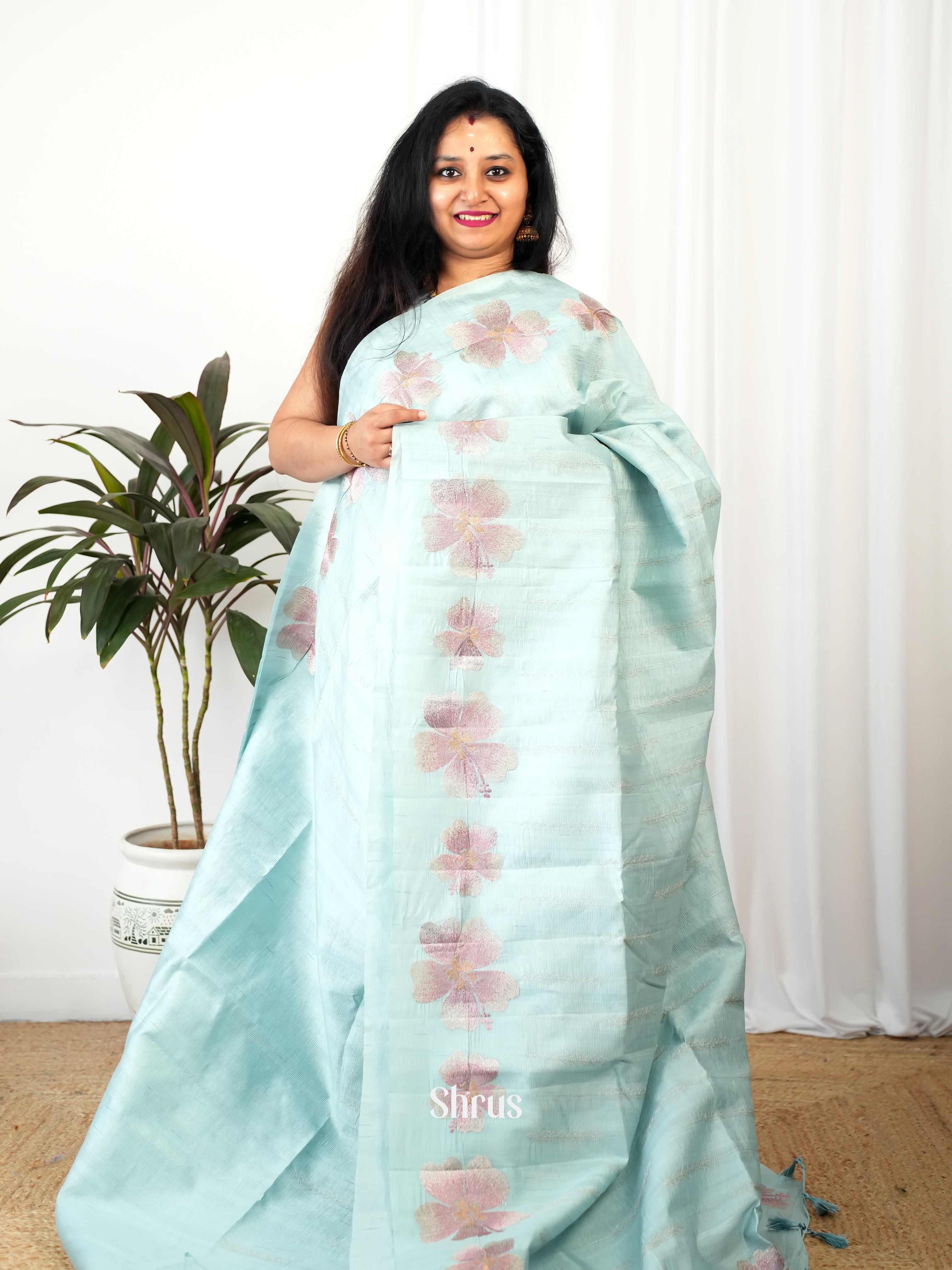 Pastel Blue - Semi Rawsilk Saree - Shop on Shrus.com