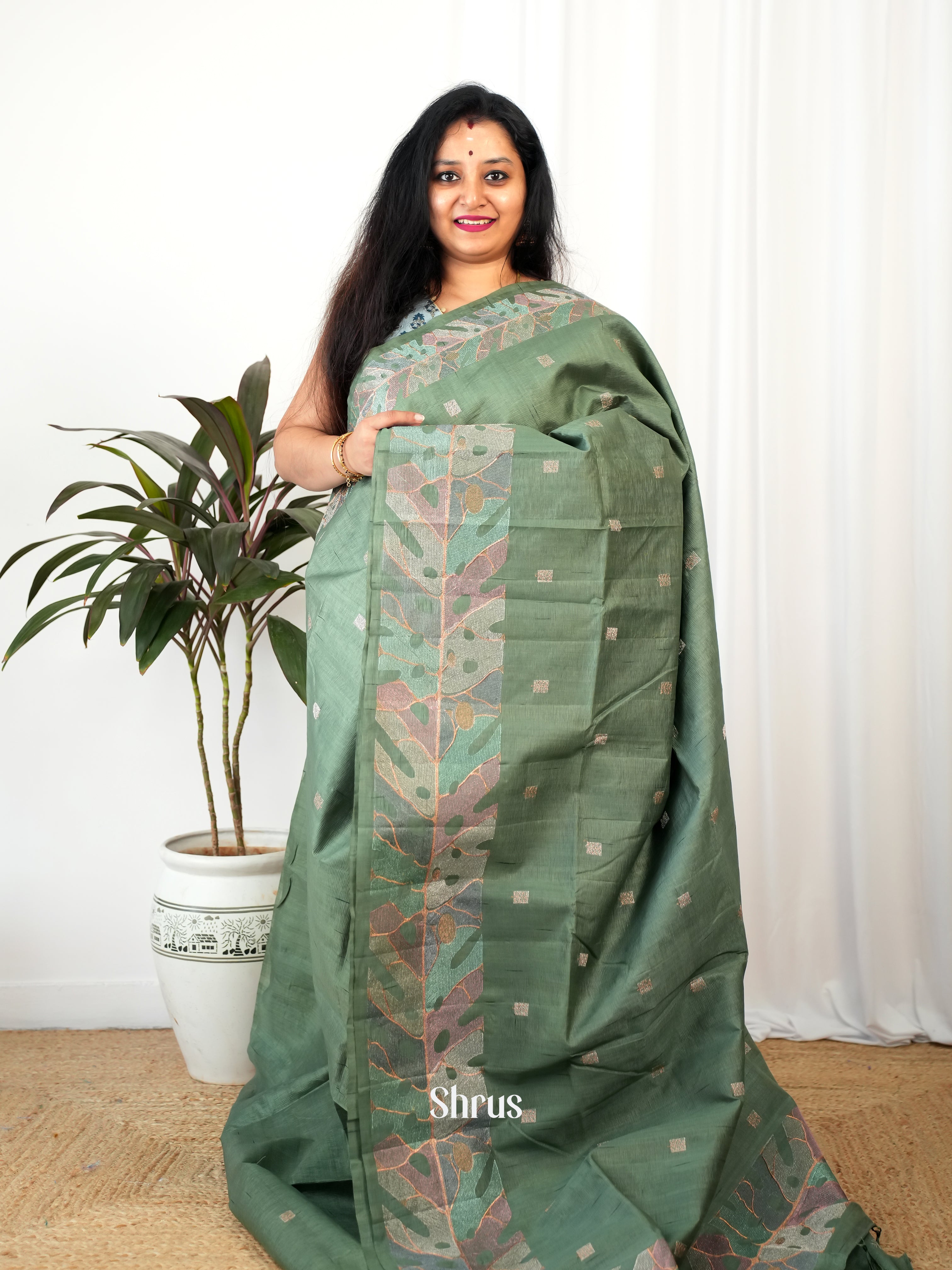 Green - Semi Rawsilk Saree - Shop on Shrus.com