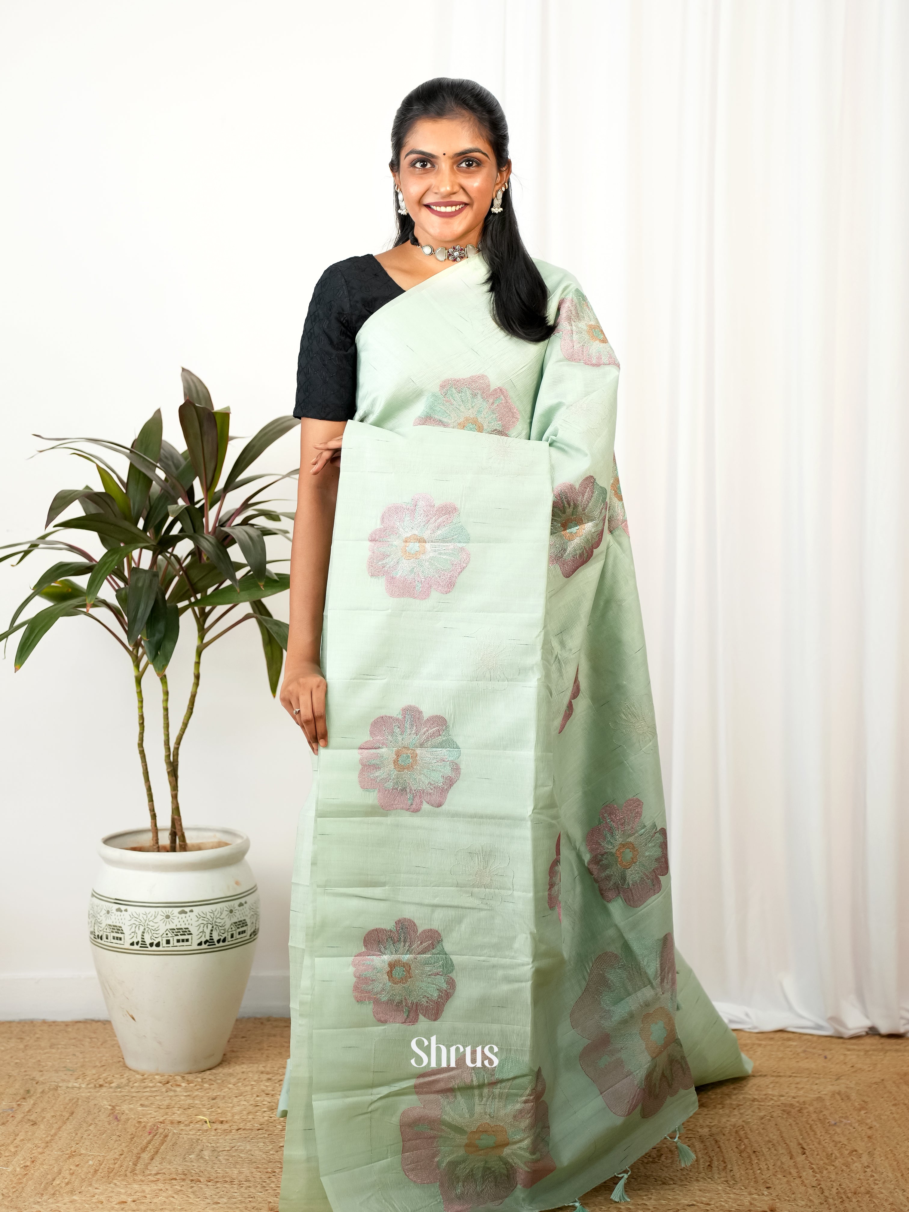 Pastel Green - Semi Rawsilk Saree - Shop on Shrus.com