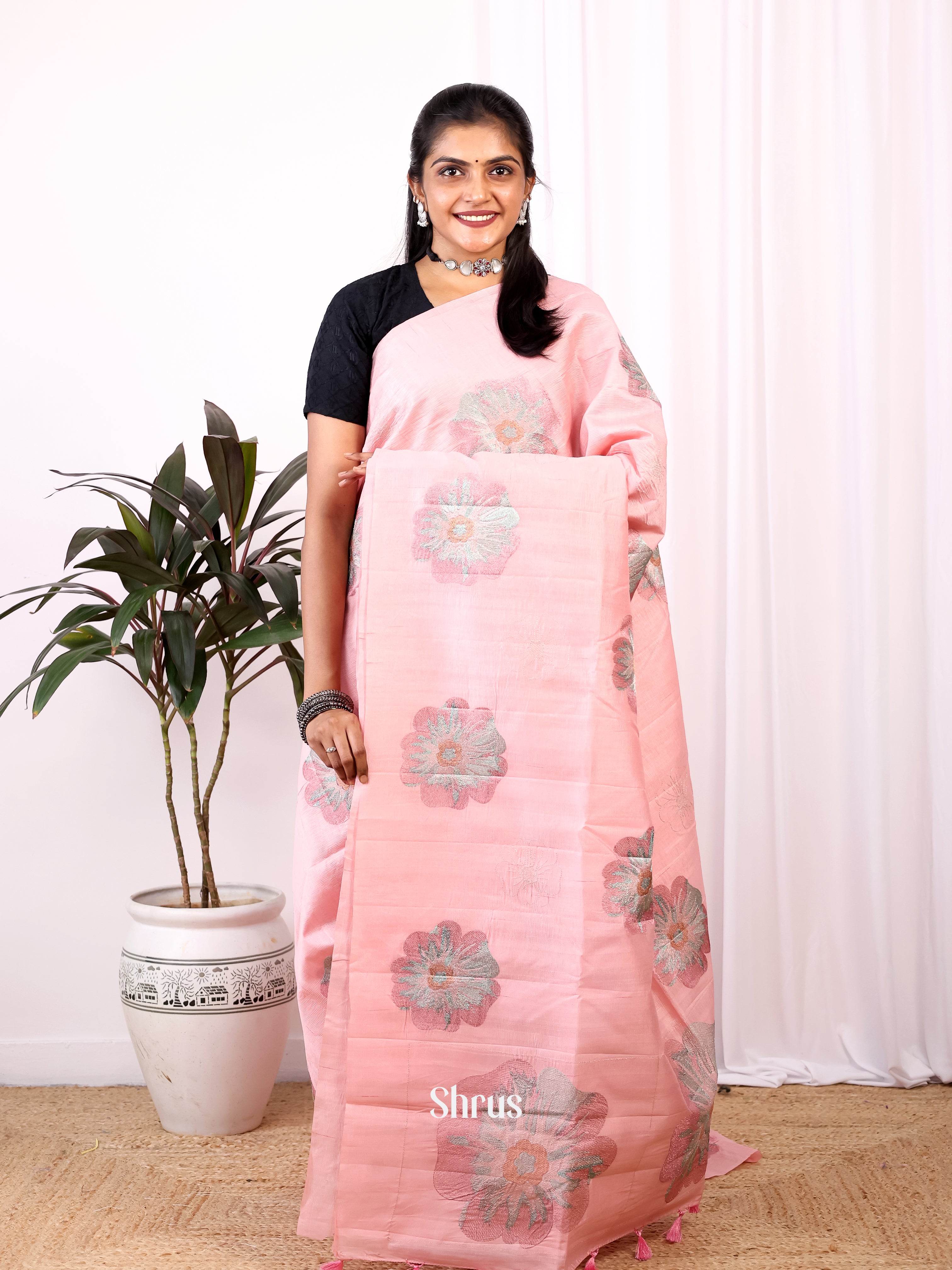 Pink - Semi Rawsilk Saree - Shop on Shrus.com
