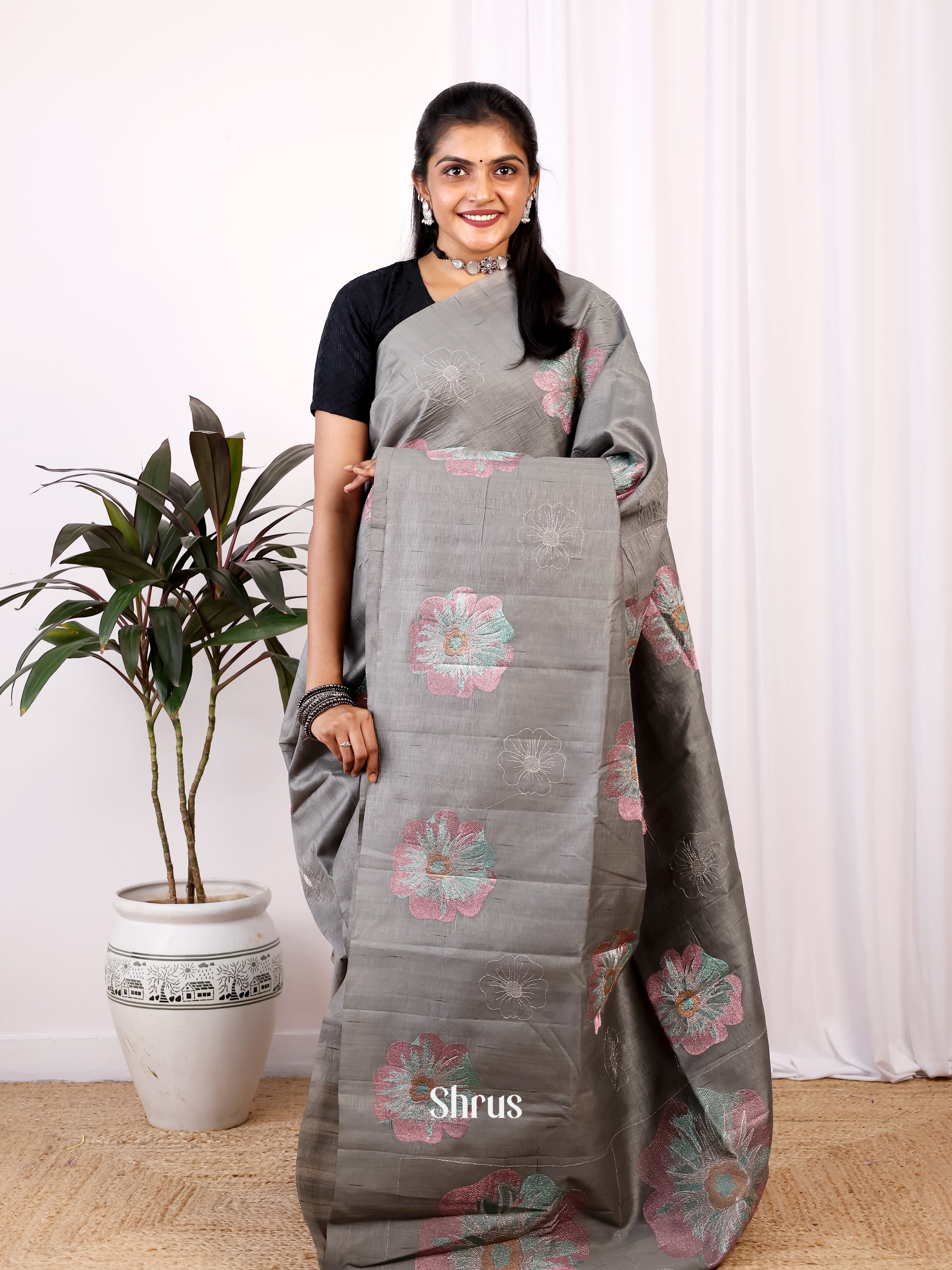 Grey - Semi Rawsilk Saree - Shop on Shrus.com