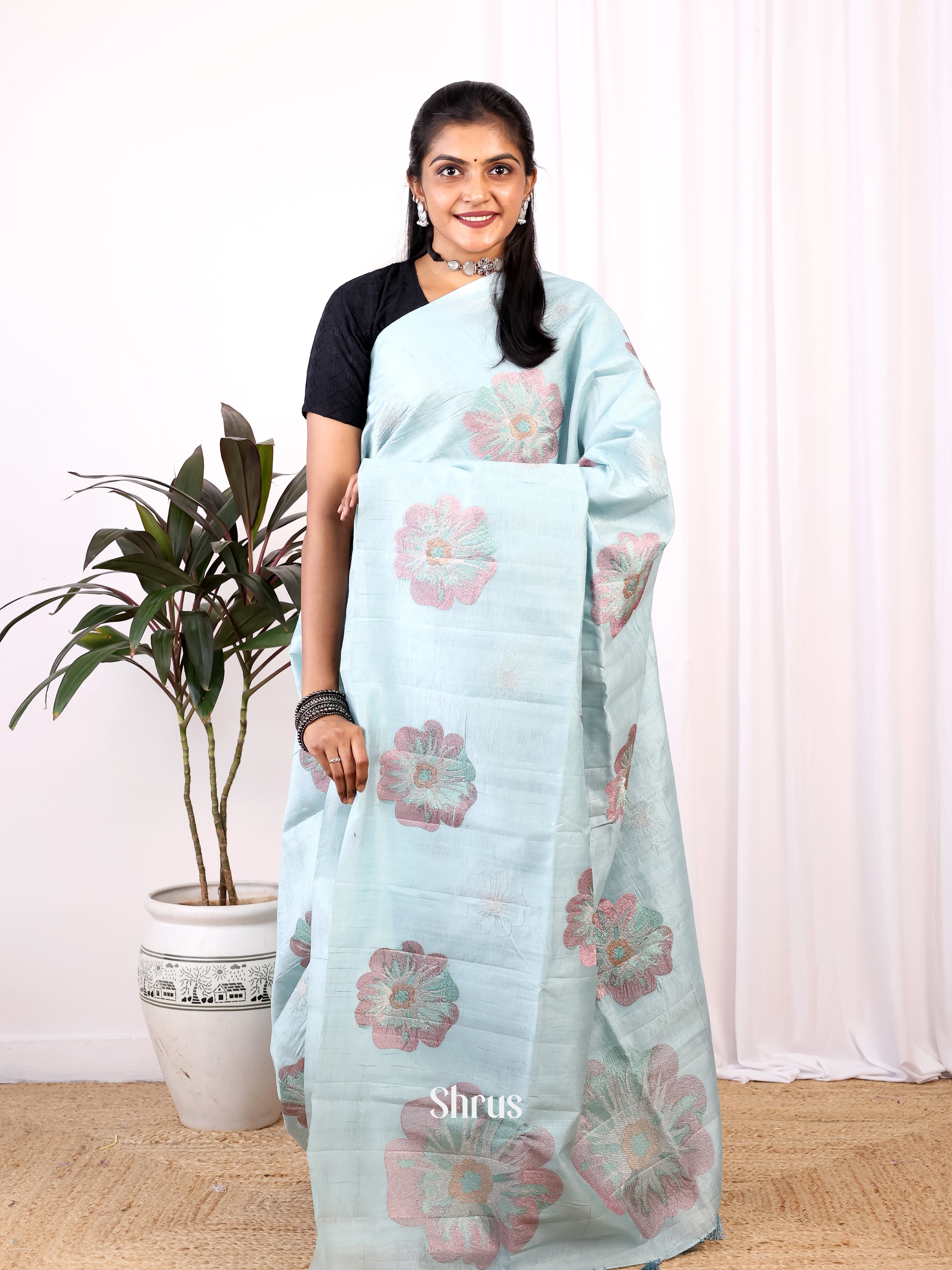 Pastel Blue - Semi Rawsilk Saree - Shop on Shrus.com