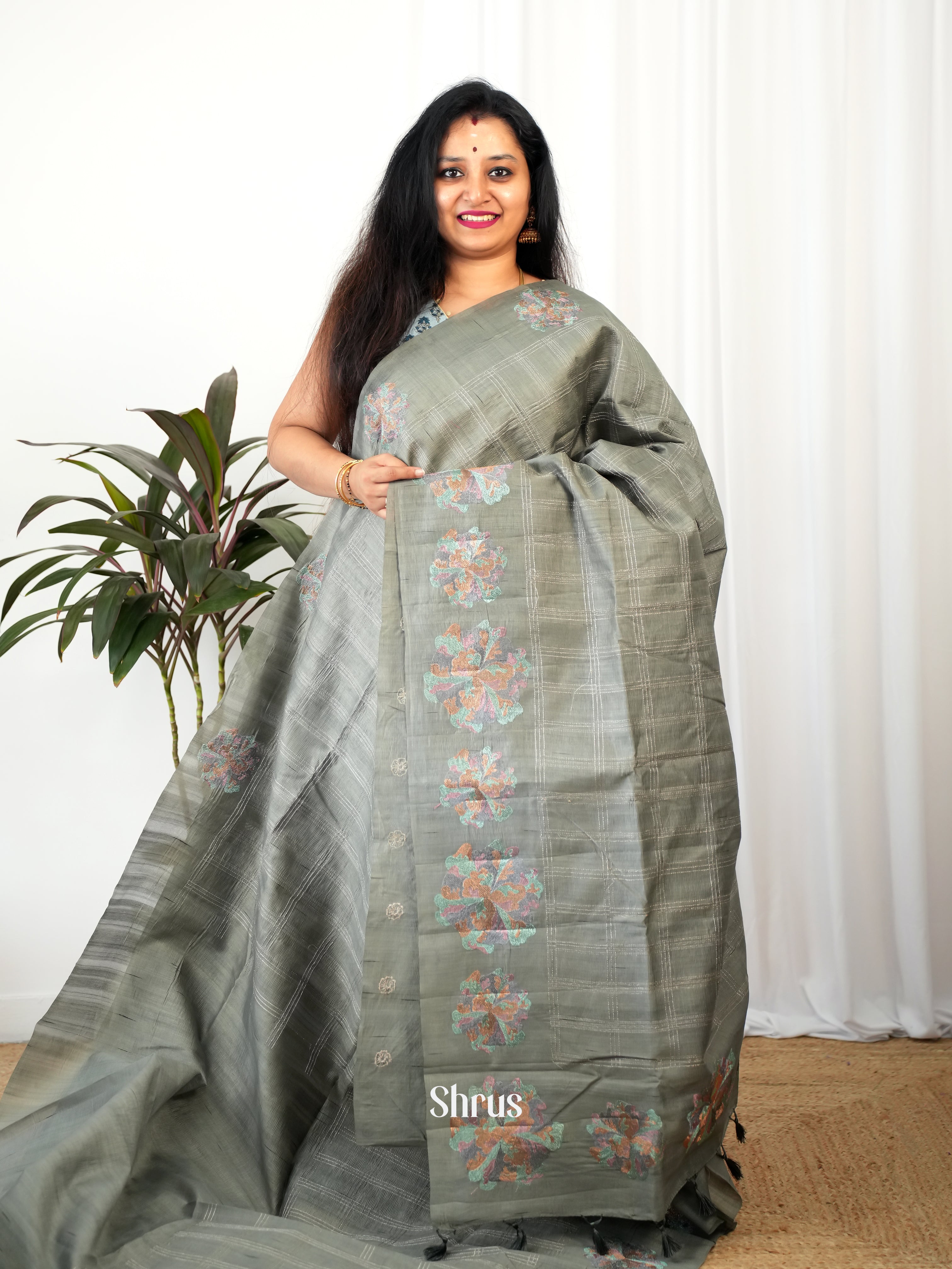 Grey - Semi Rawsilk Saree - Shop on Shrus.com