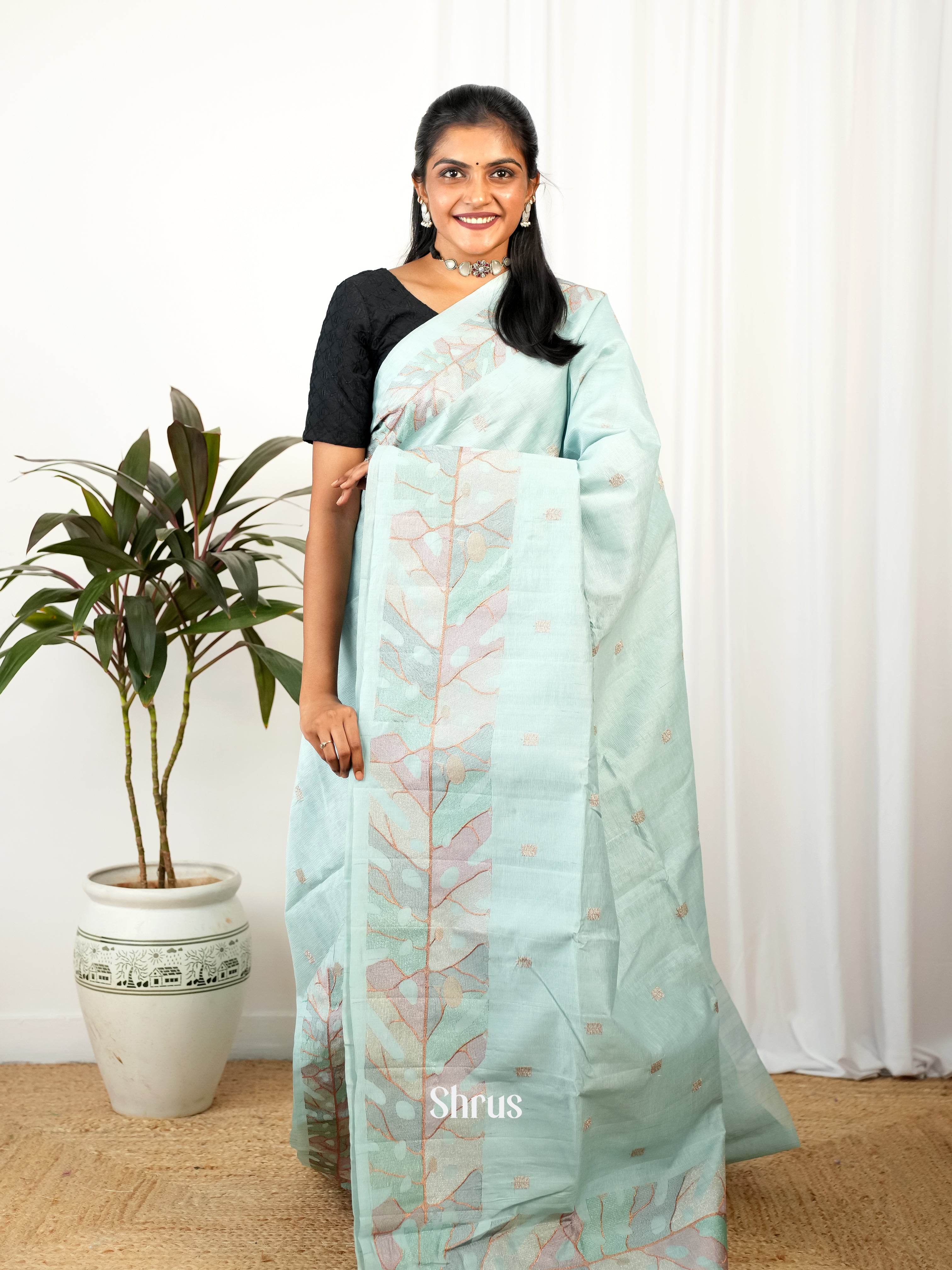 Pastel Blue - Semi Rawsilk Saree - Shop on Shrus.com