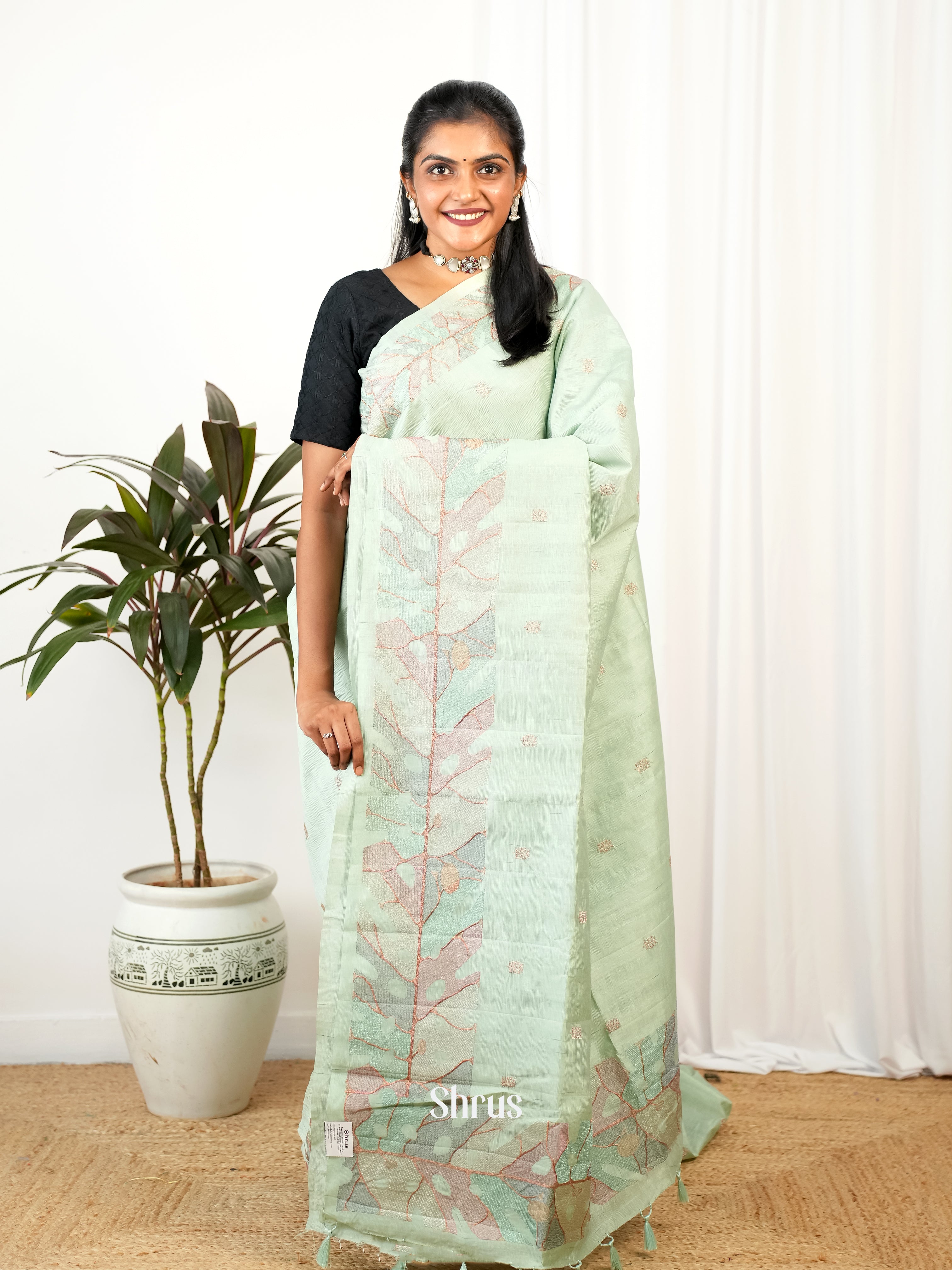 Pastel Green - Semi Rawsilk Saree - Shop on Shrus.com