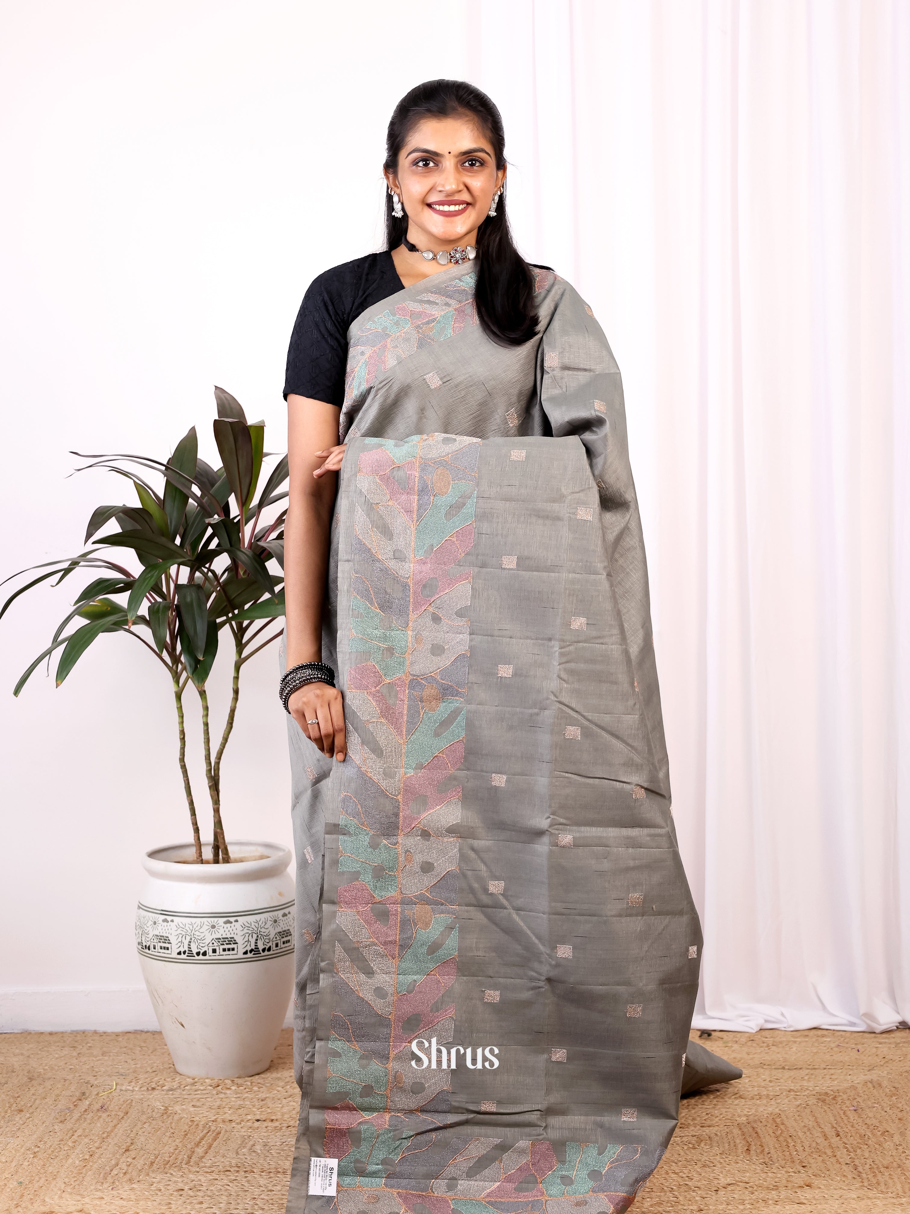 Grey - Semi Rawsilk Saree - Shop on Shrus.com