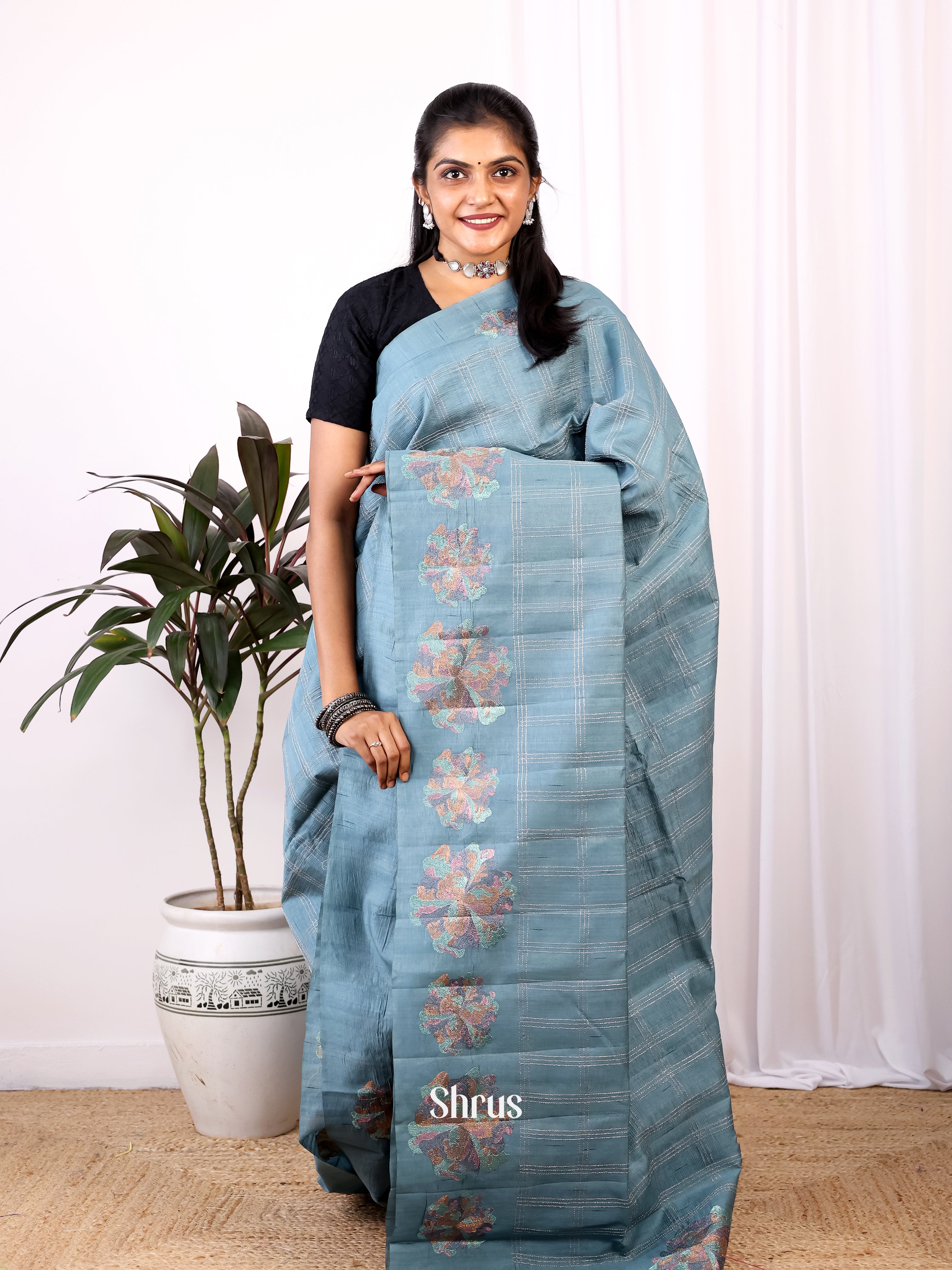 Grey - Semi Rawsilk Saree - Shop on Shrus.com