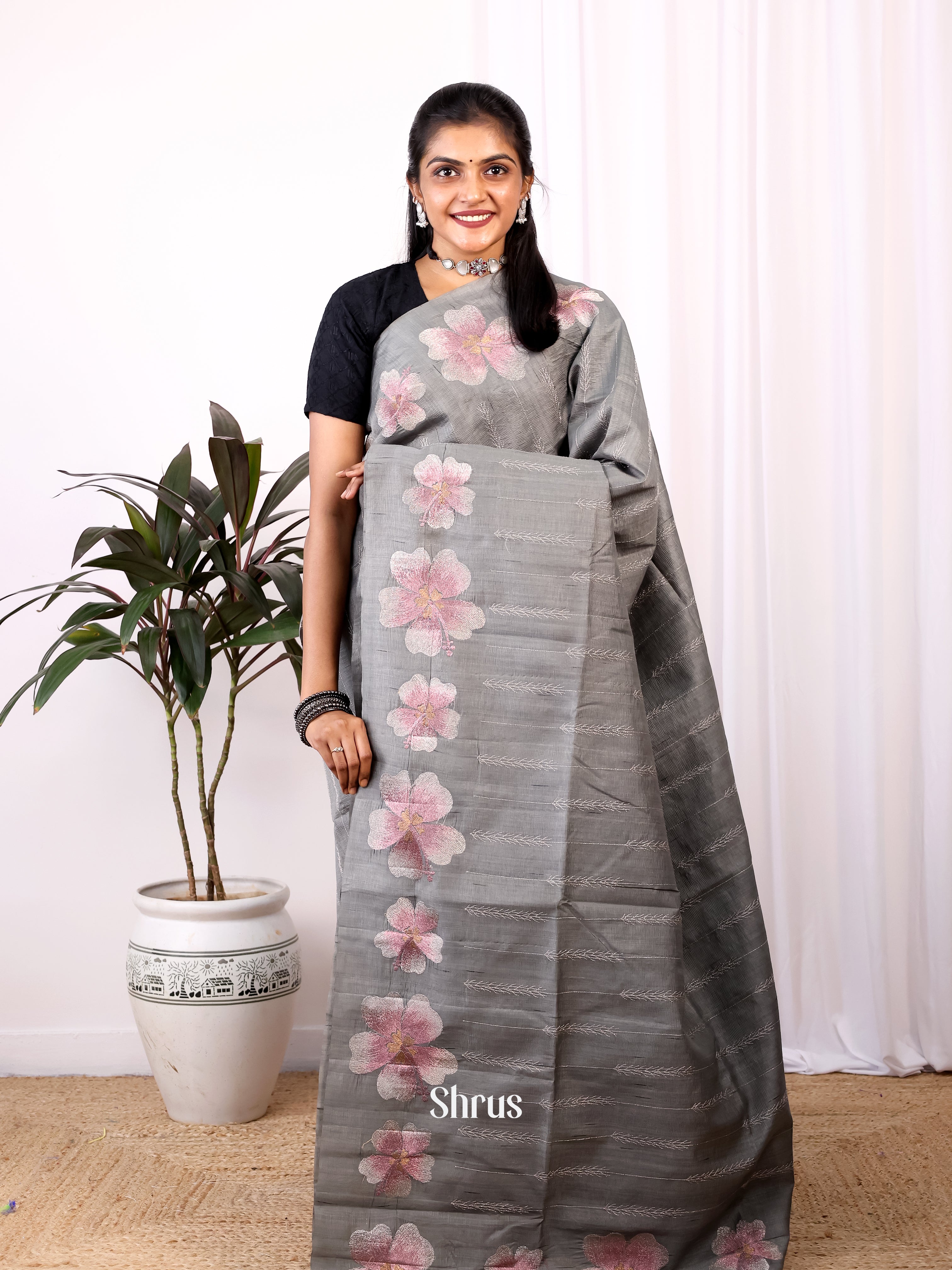 Grey - Semi Rawsilk Saree - Shop on Shrus.com