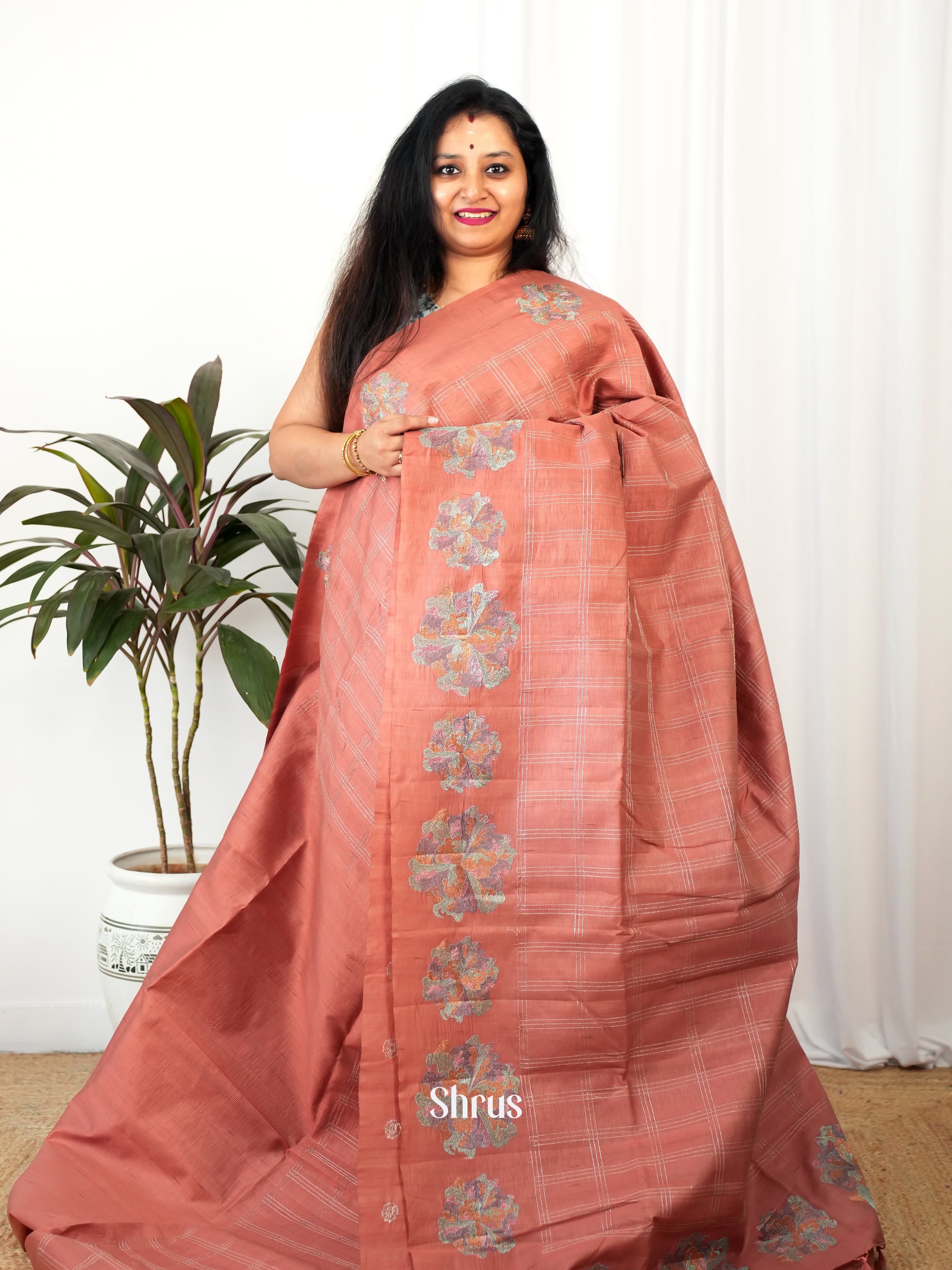 Brown- Semi Rawsilk Saree - Shop on Shrus.com