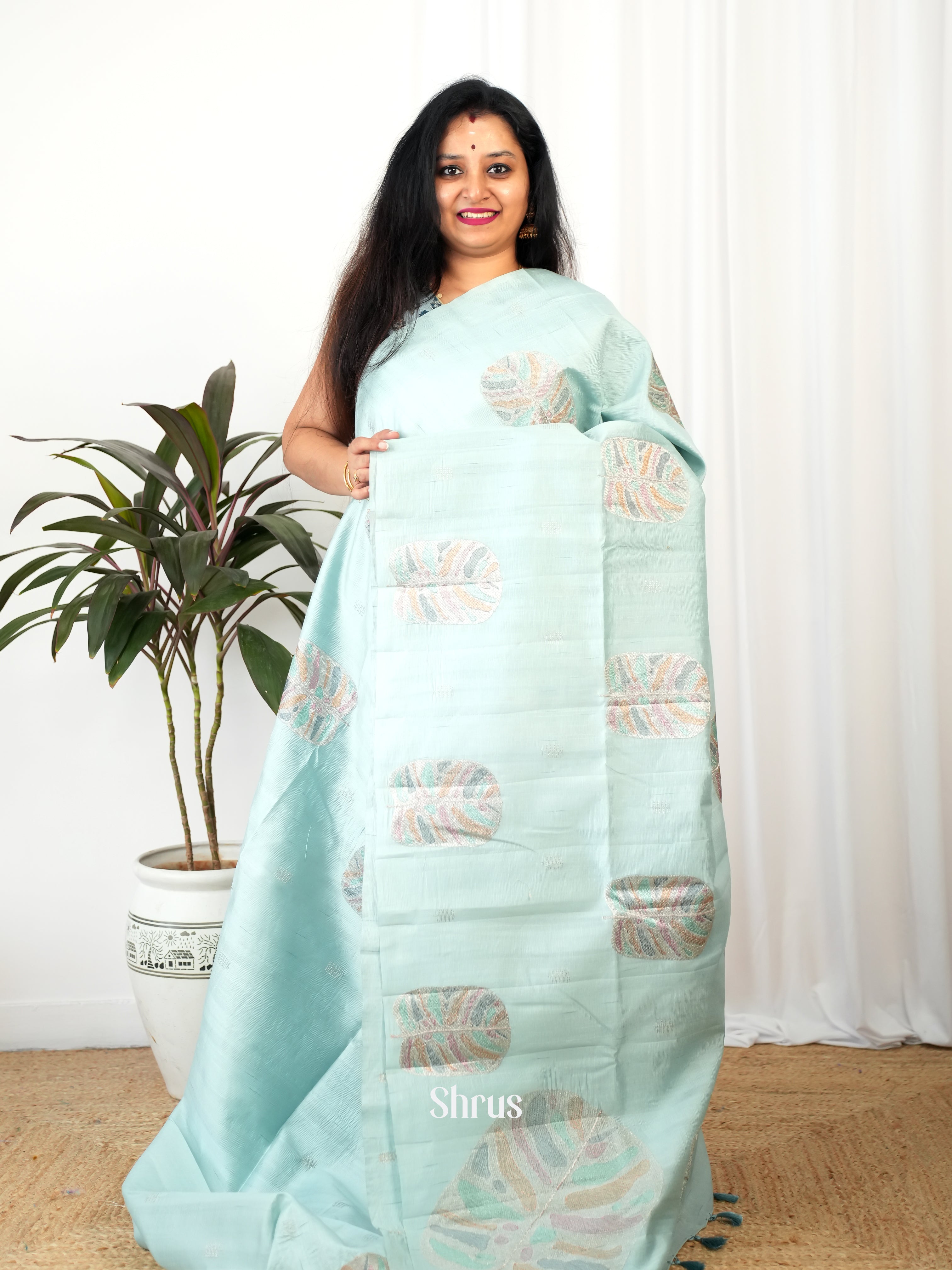 Pastel Blue - Semi Rawsilk Saree - Shop on Shrus.com