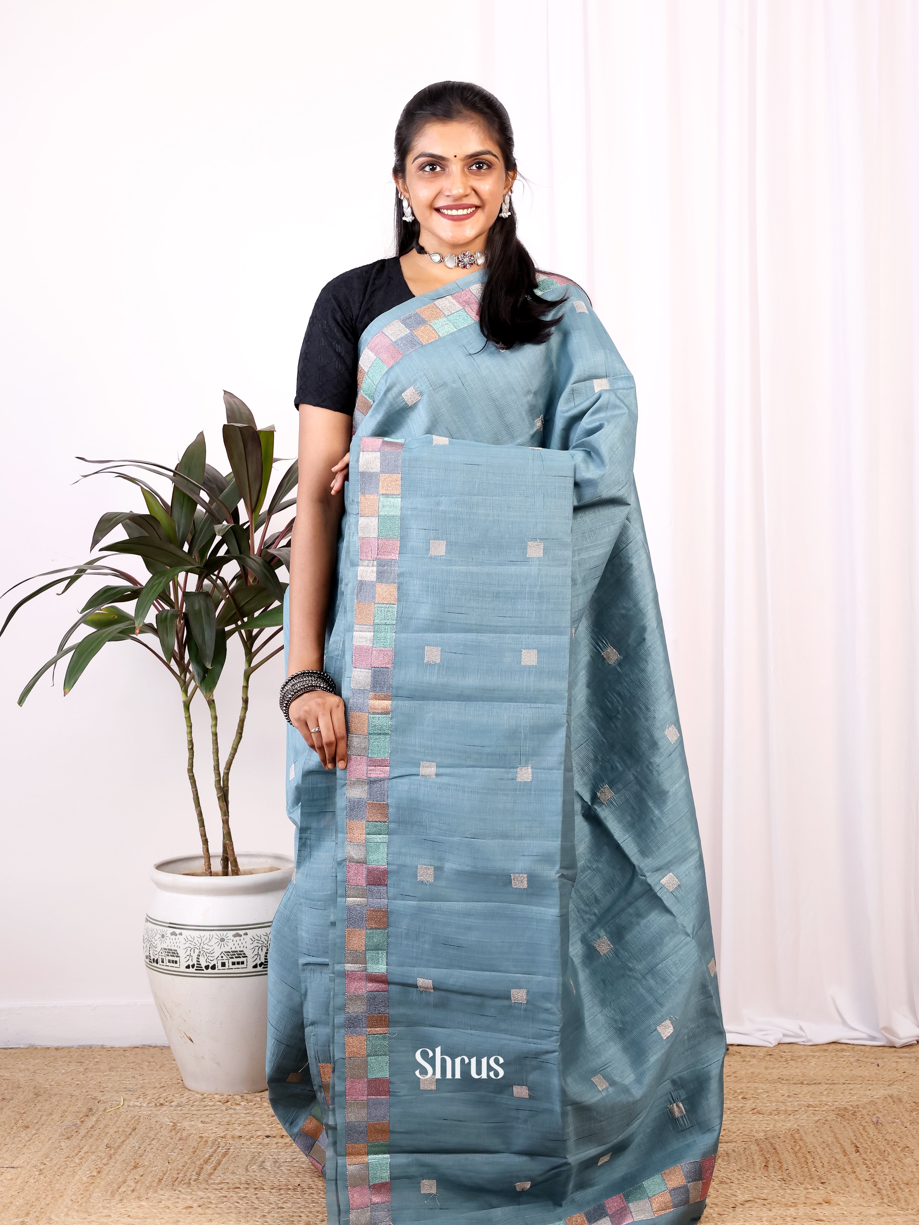 Grey - Semi Rawsilk Saree - Shop on Shrus.com