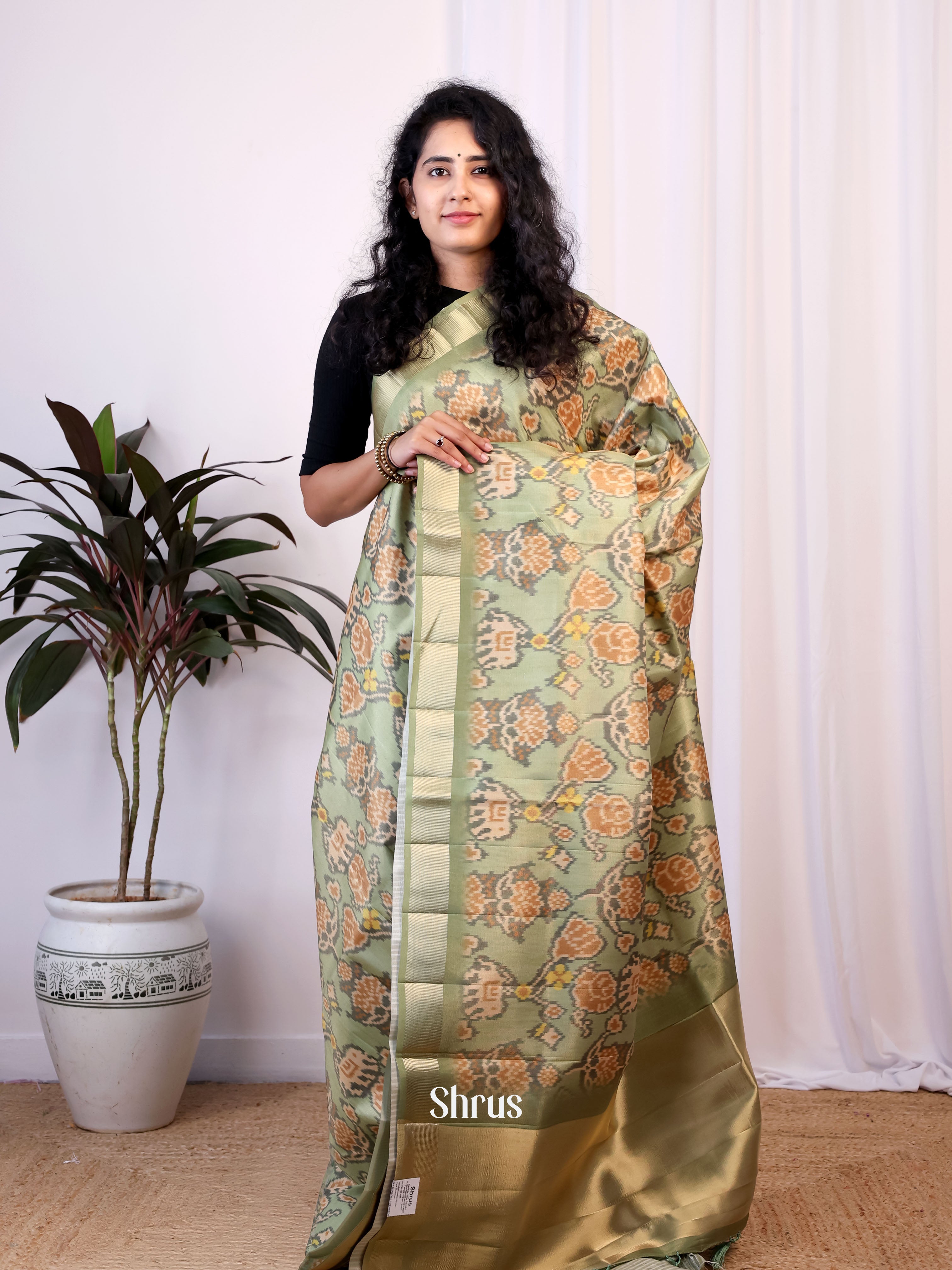 Grey Green - Semi Patola Saree - Shop on Shrus.com