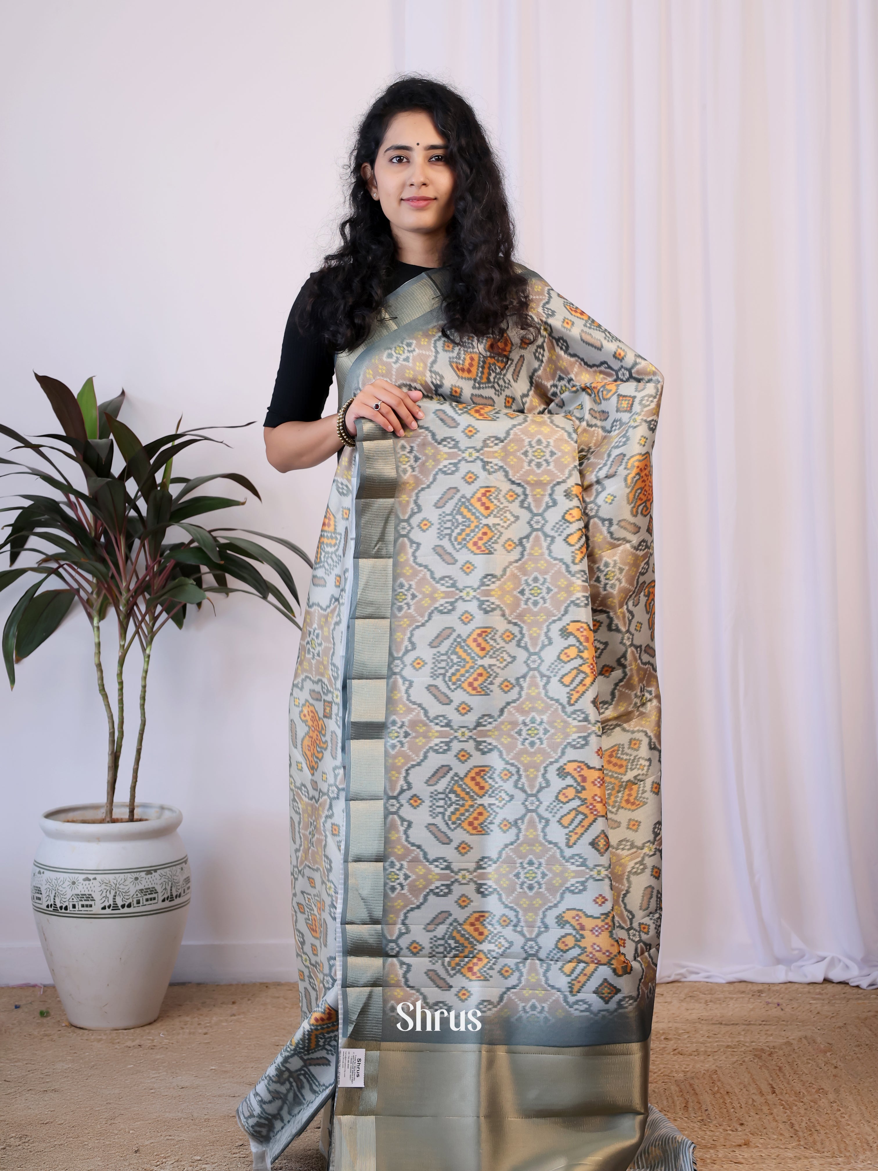 Grey - Semi Patola Saree - Shop on Shrus.com