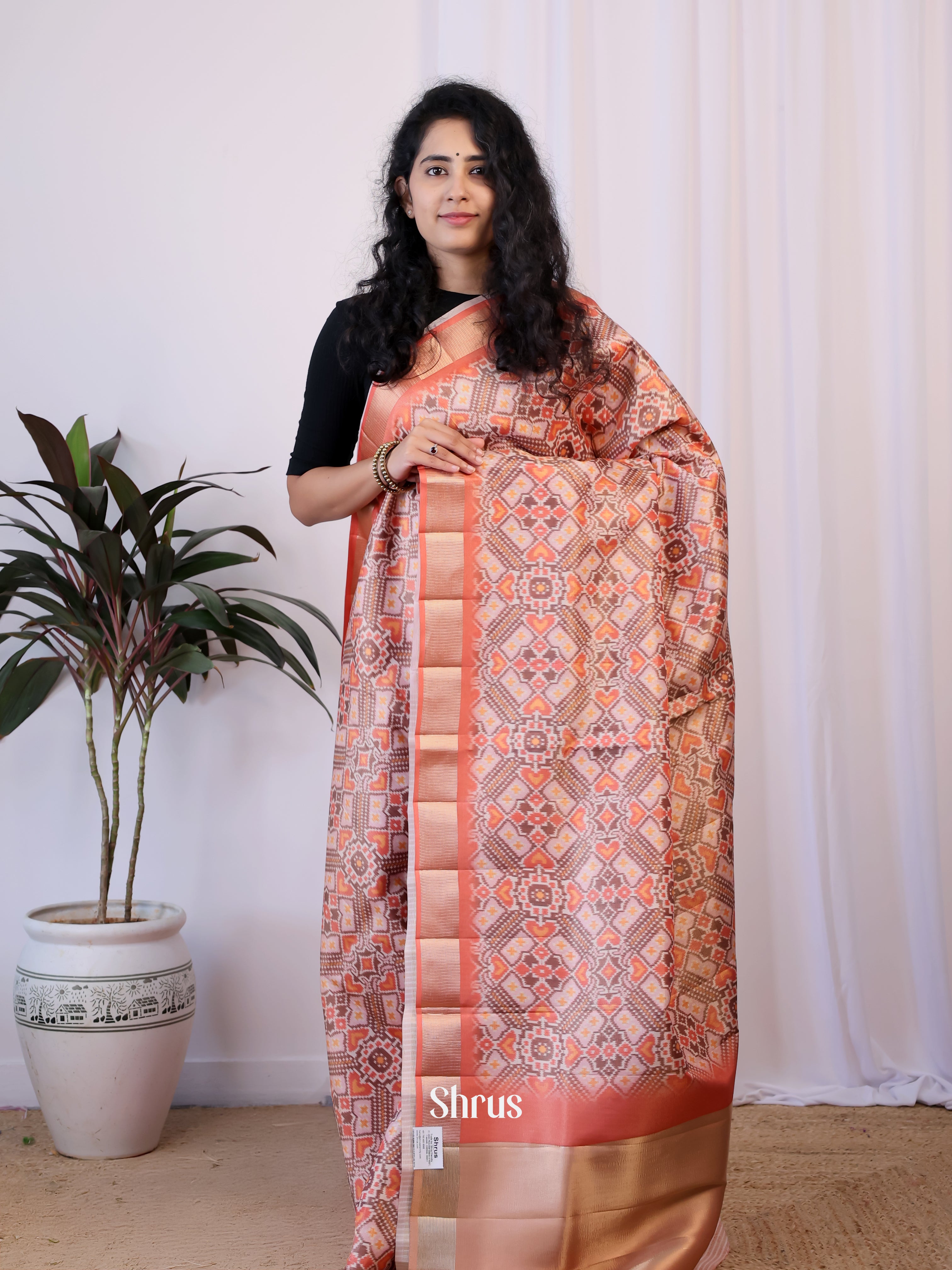 Peachish Pink - Semi Patola Saree - Shop on Shrus.com