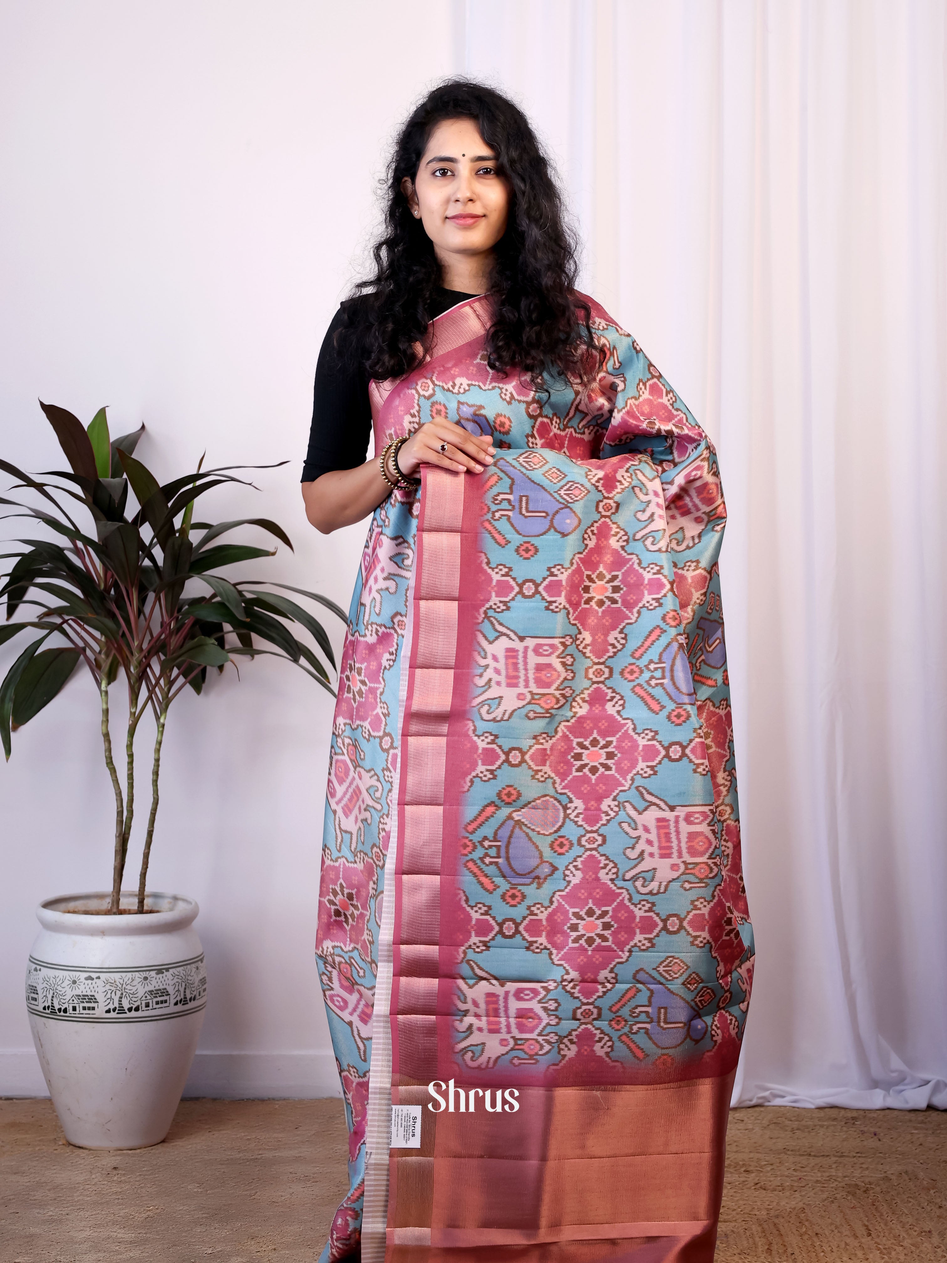 Pink & Blue- Semi Patola Saree - Shop on Shrus.com
