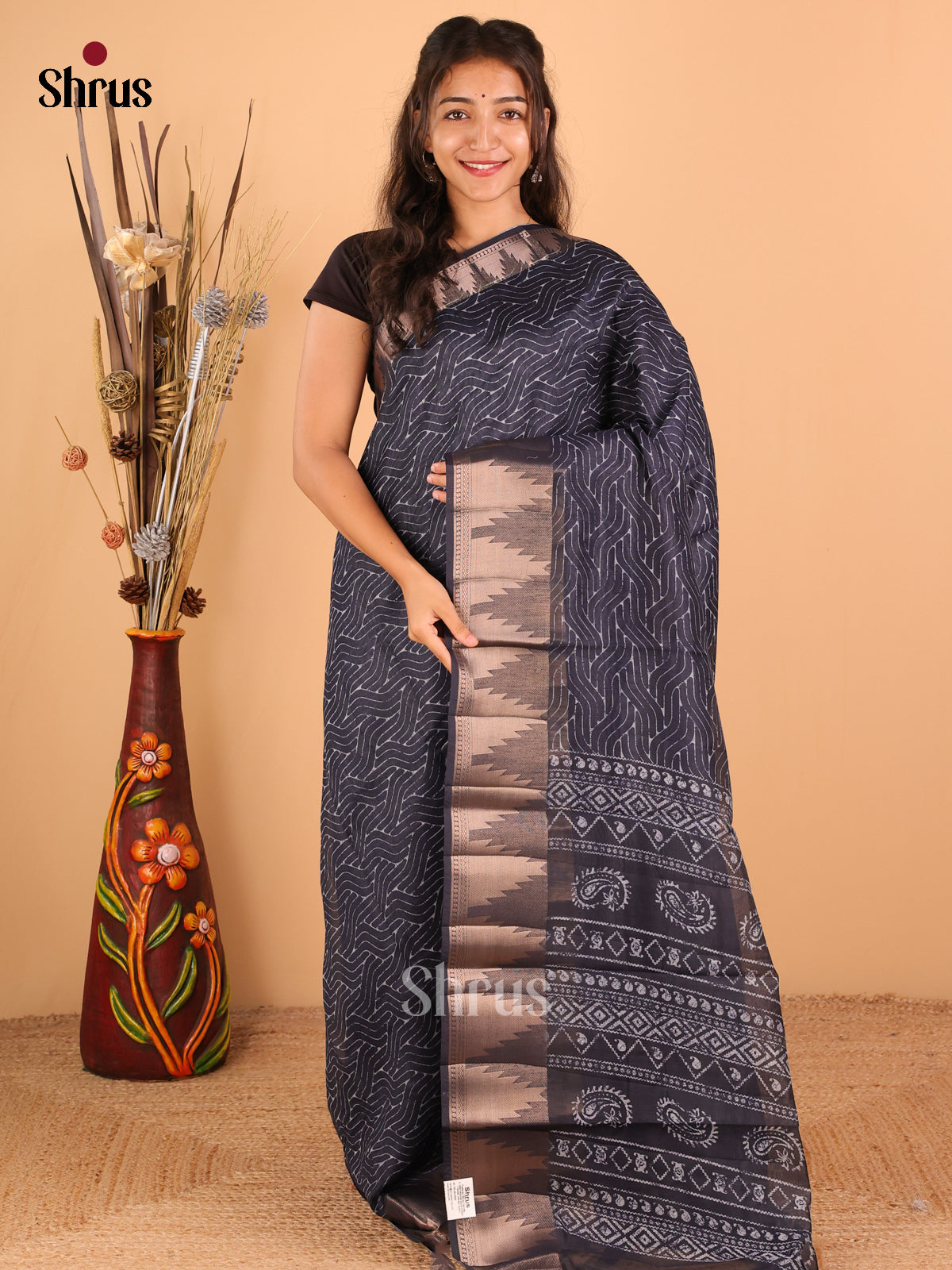 Navy Blue - Semi Chanderi - CIS23332 - Shop on Shrus.com