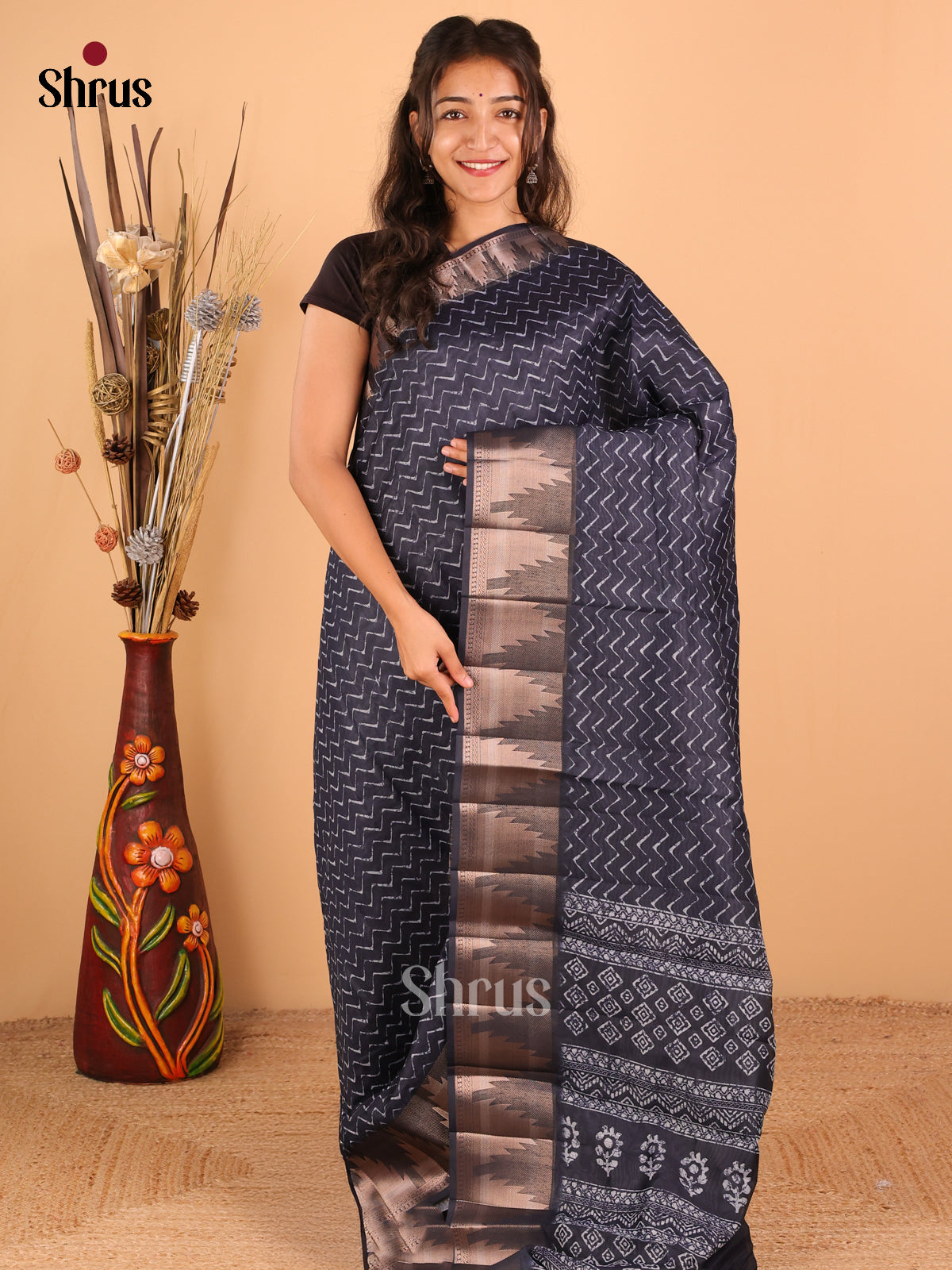 Navy Blue - Semi Chanderi - CIS23336 - Shop on Shrus.com