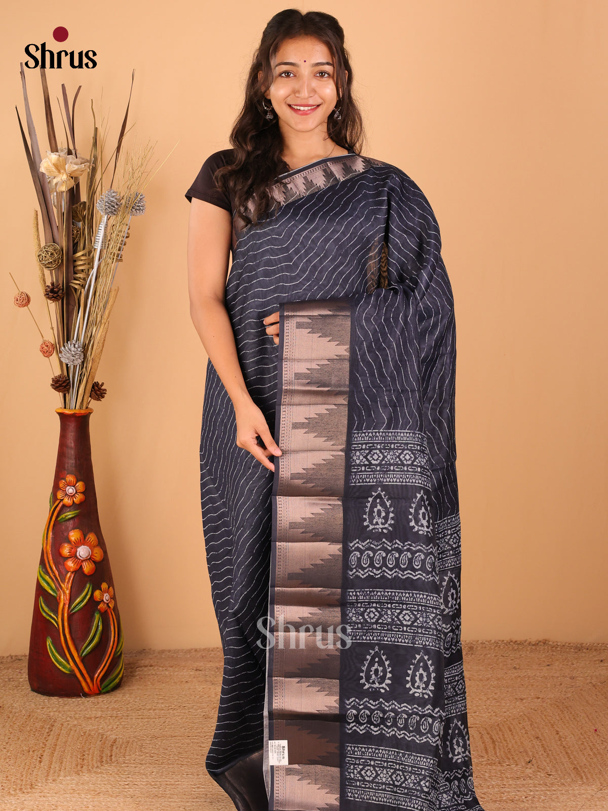 Navy Blue - Semi Chanderi - CIS23337 - Shop on Shrus.com