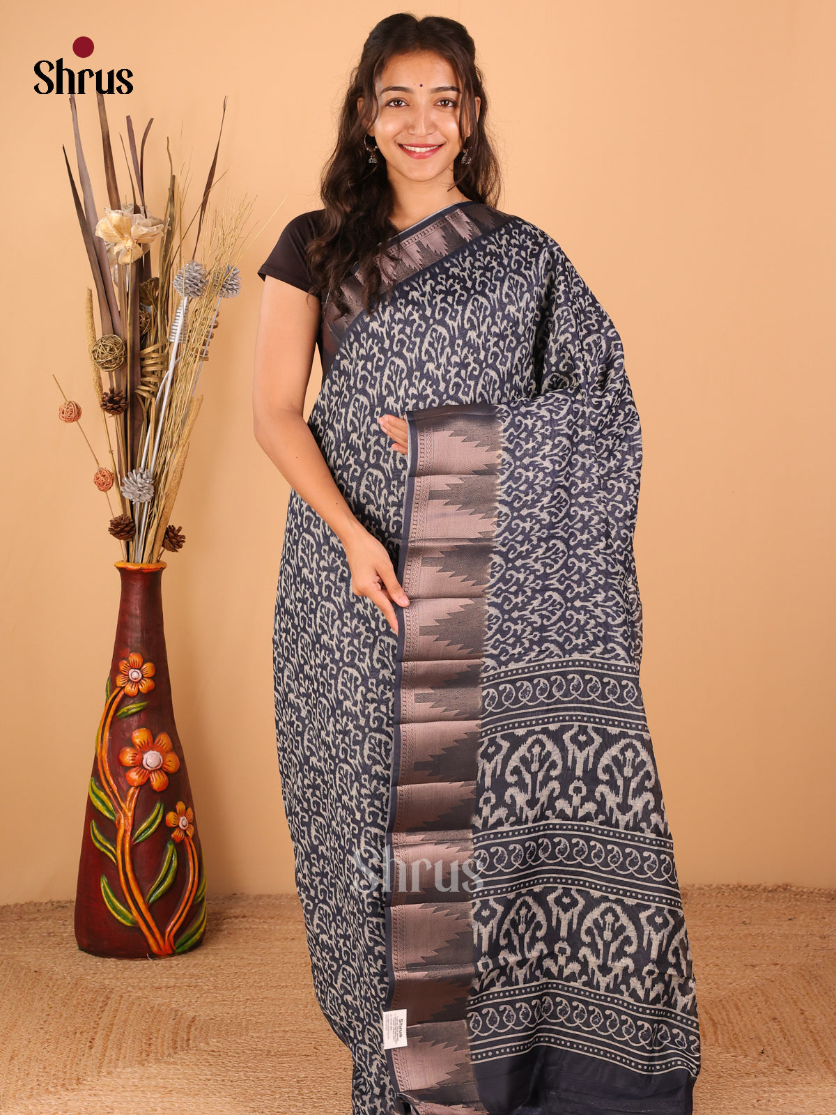 Navy blue - Semi Chanderi - CIS23338 - Shop on Shrus.com