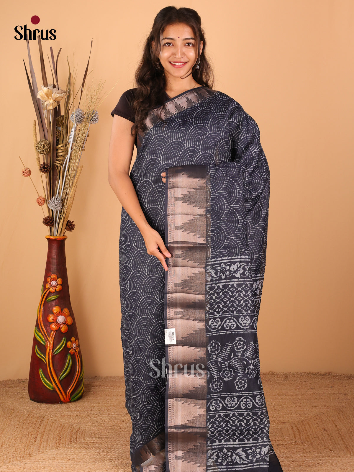 Navy Blue - Semi Chanderi - CIS23340 - Shop on Shrus.com