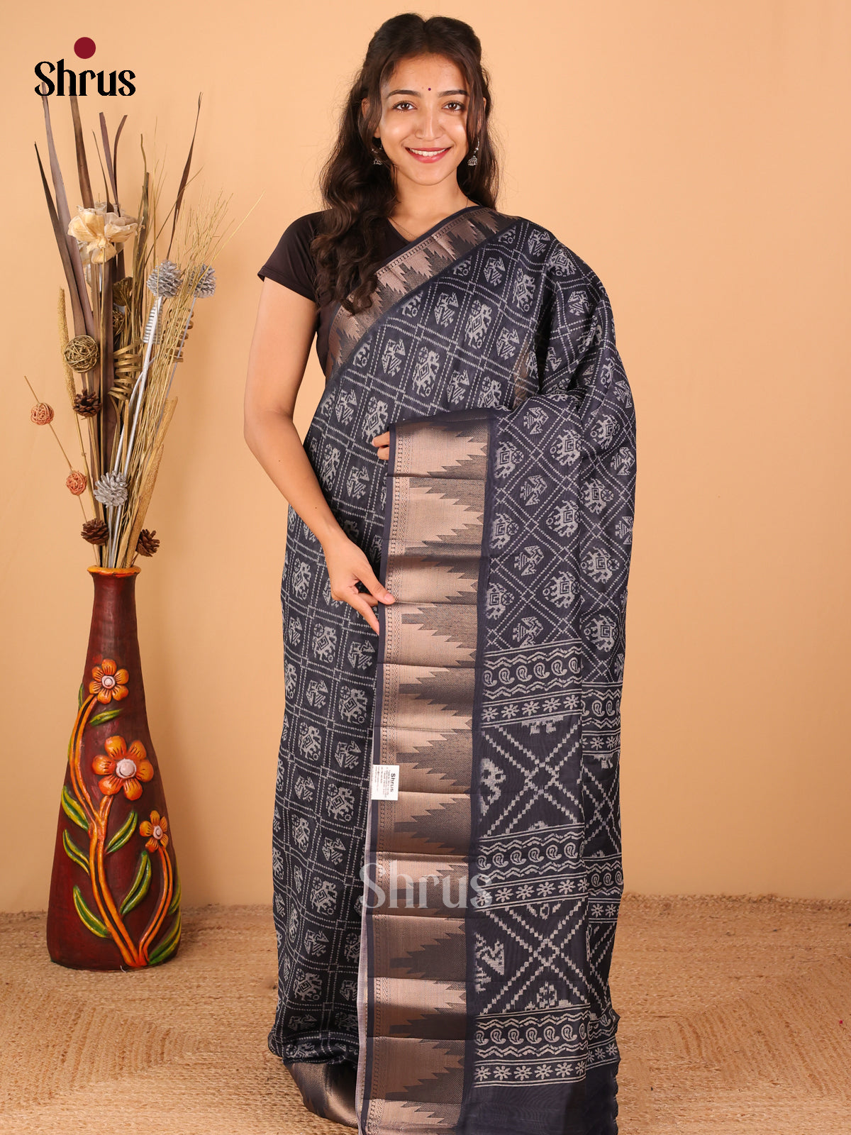 Navy Blue - Semi Chanderi - CIS23341 - Shop on Shrus.com