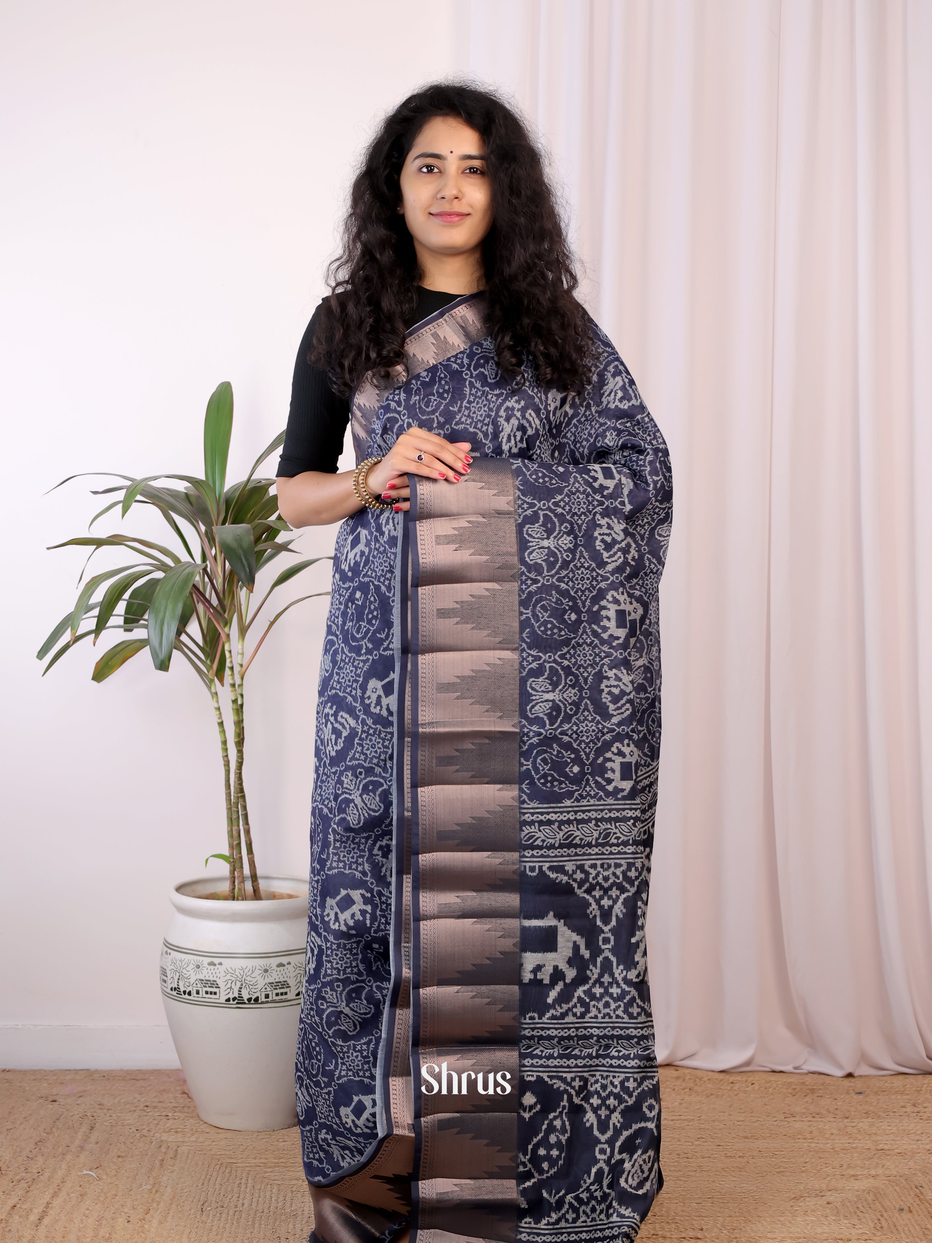 Blue - Semi Chanderi Saree - Shop on Shrus.com