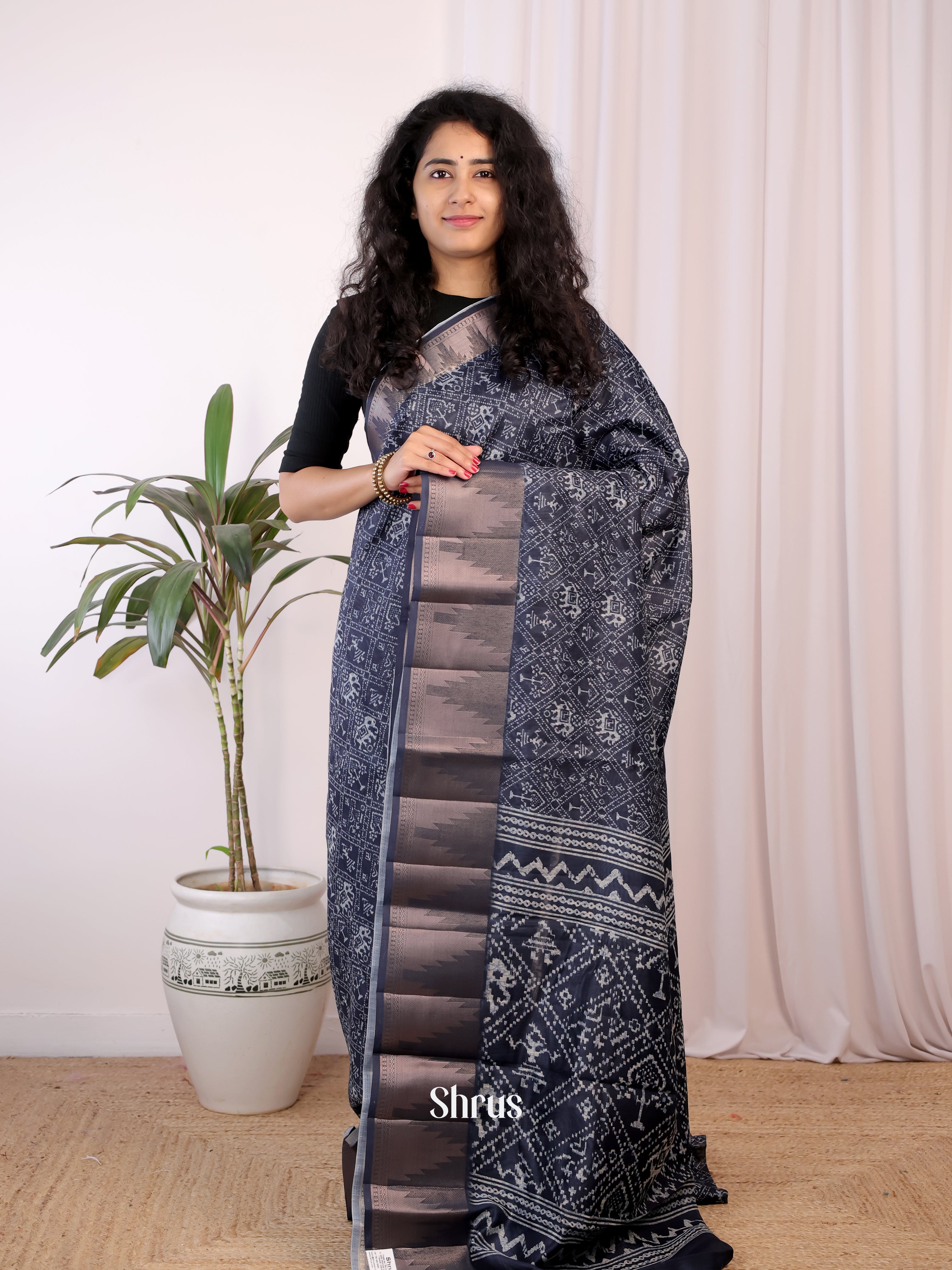 Black - Semi Chanderi Saree - Shop on Shrus.com