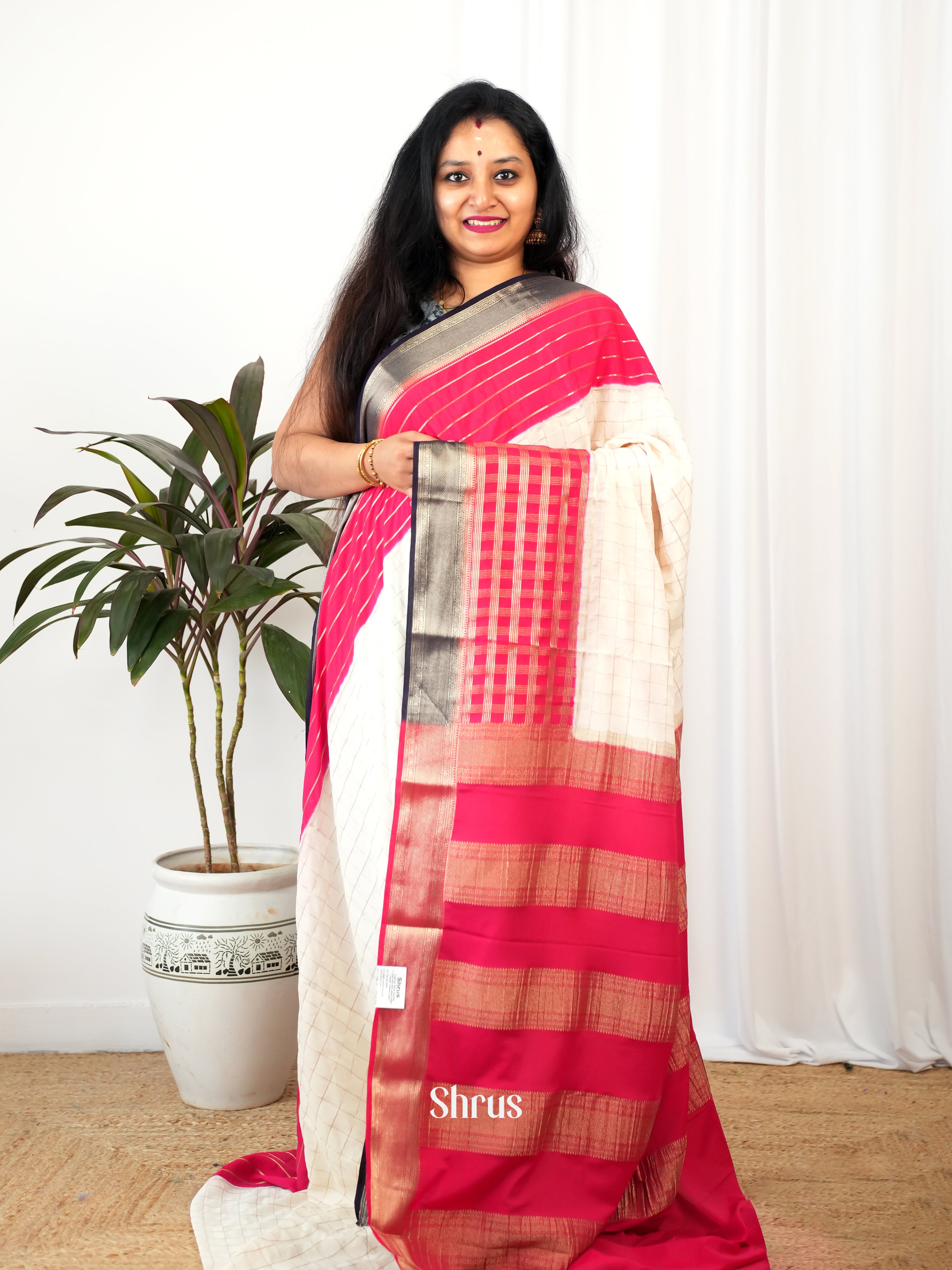Off White & Red - Mysoresilk-halfpure Saree - Shop on Shrus.com