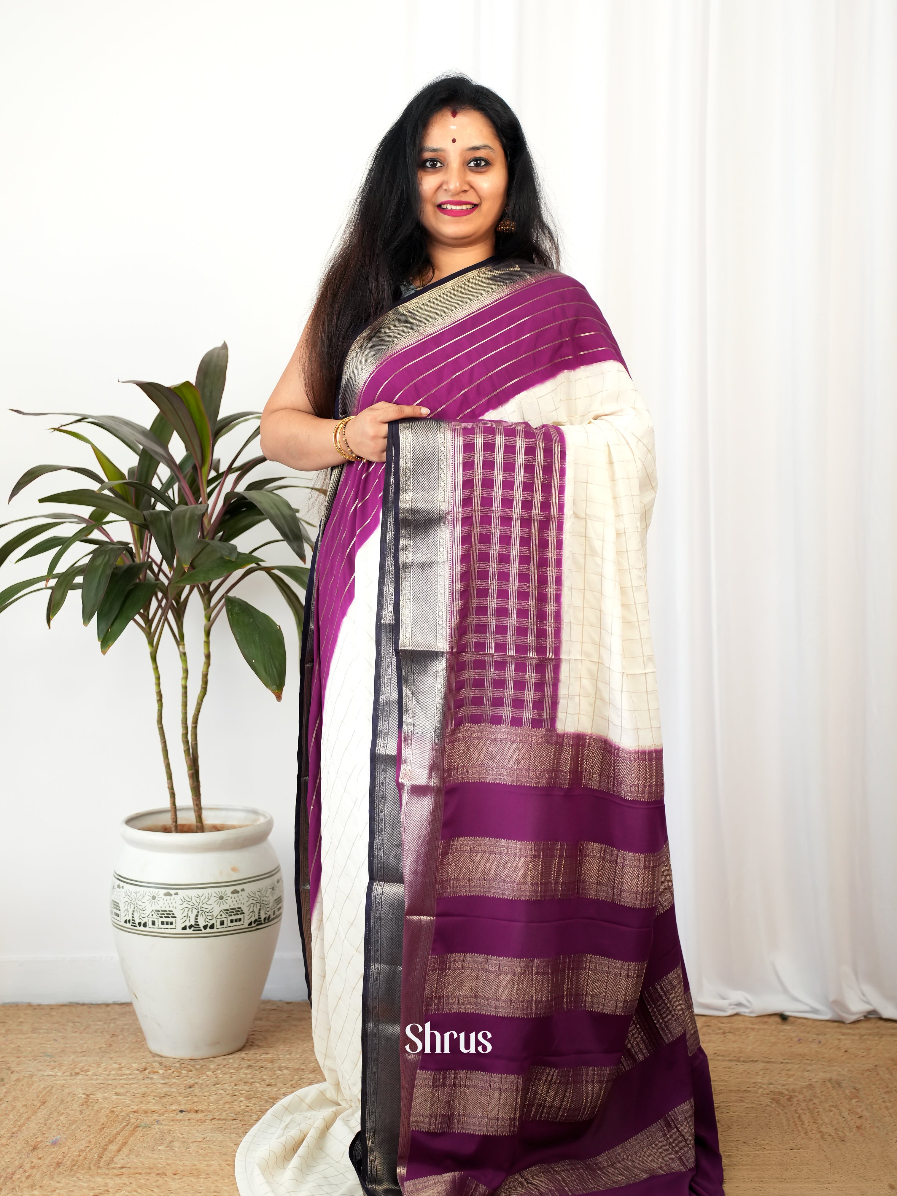 Cream & Purple - Mysoresilk-halfpure Saree - Shop on Shrus.com