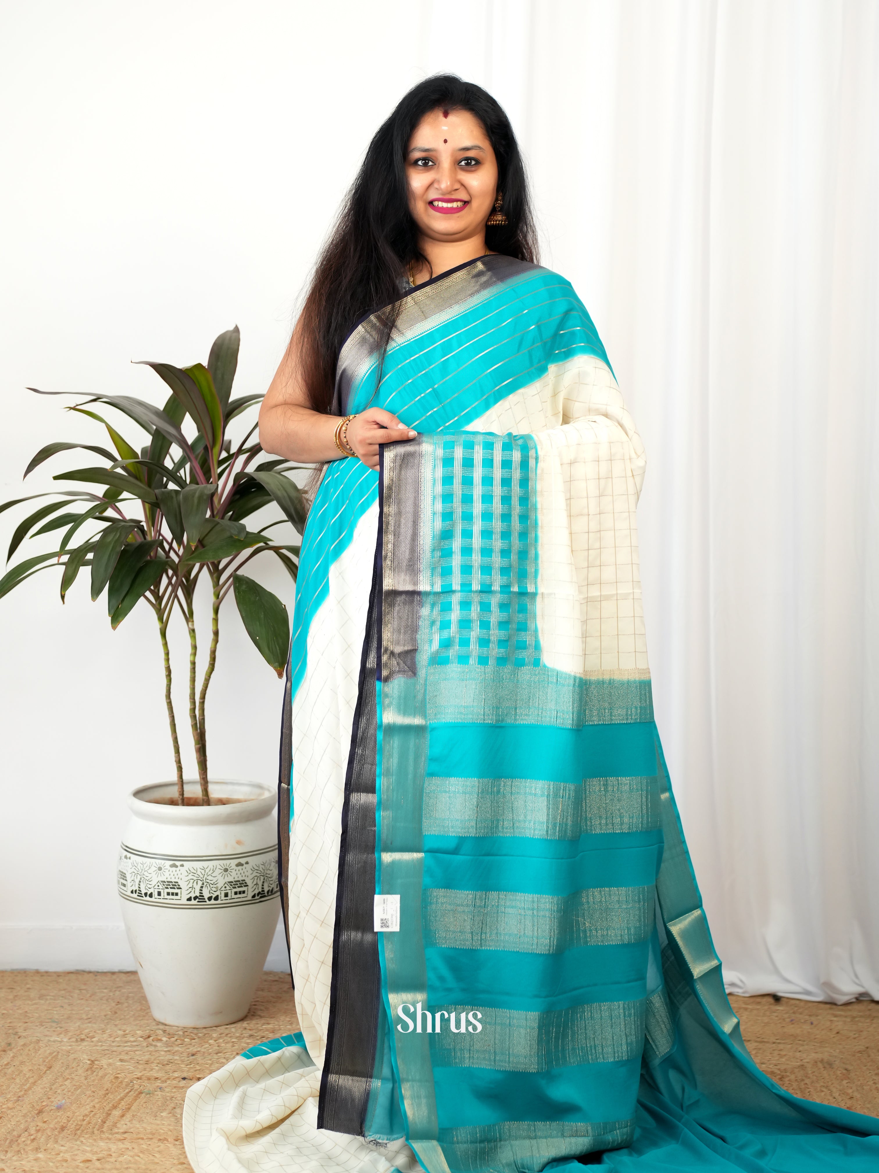 Cream & Blue - Mysoresilk-halfpure Saree - Shop on Shrus.com