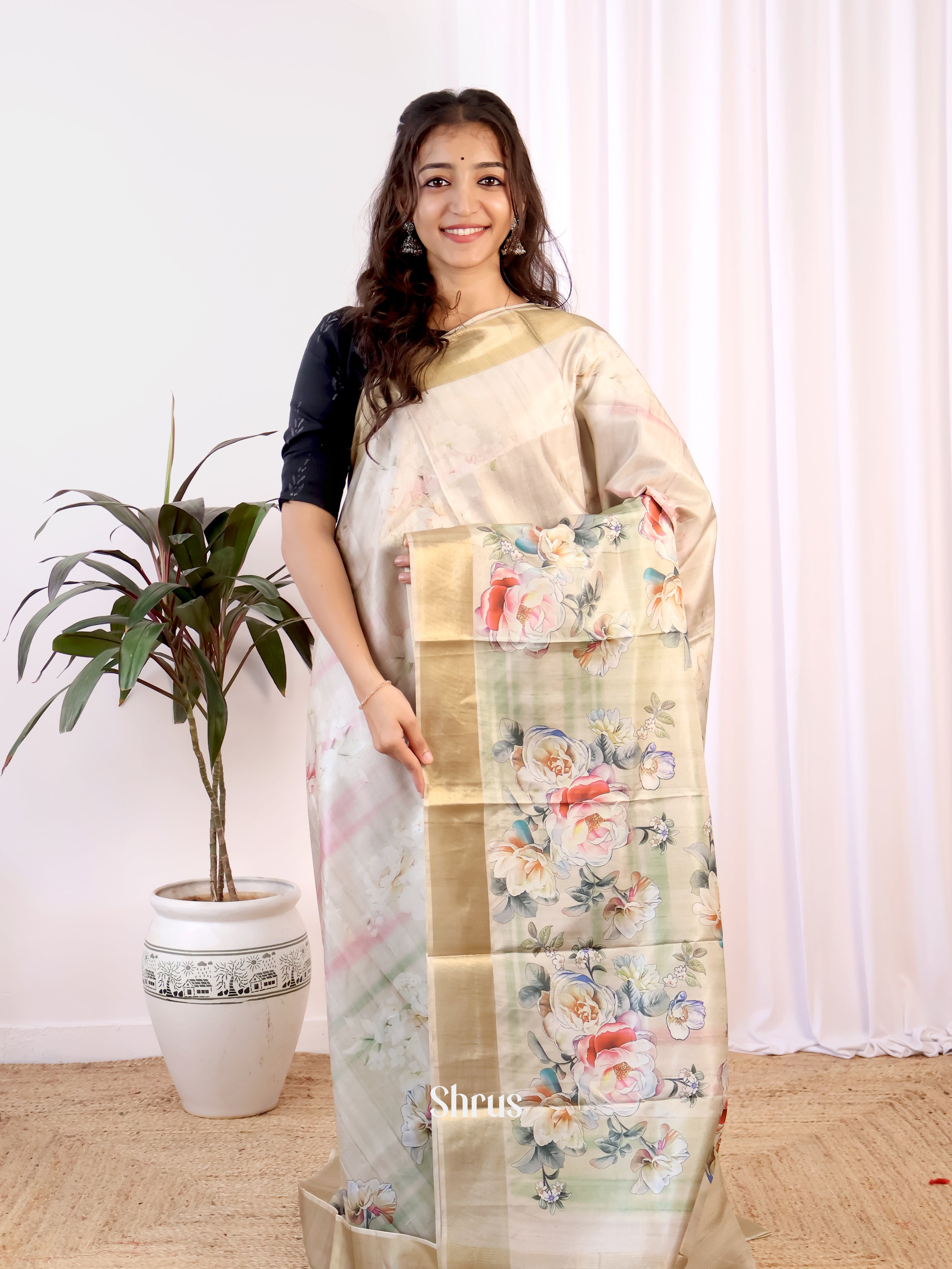 Cream - Champa semitussar Saree - Shop on Shrus.com