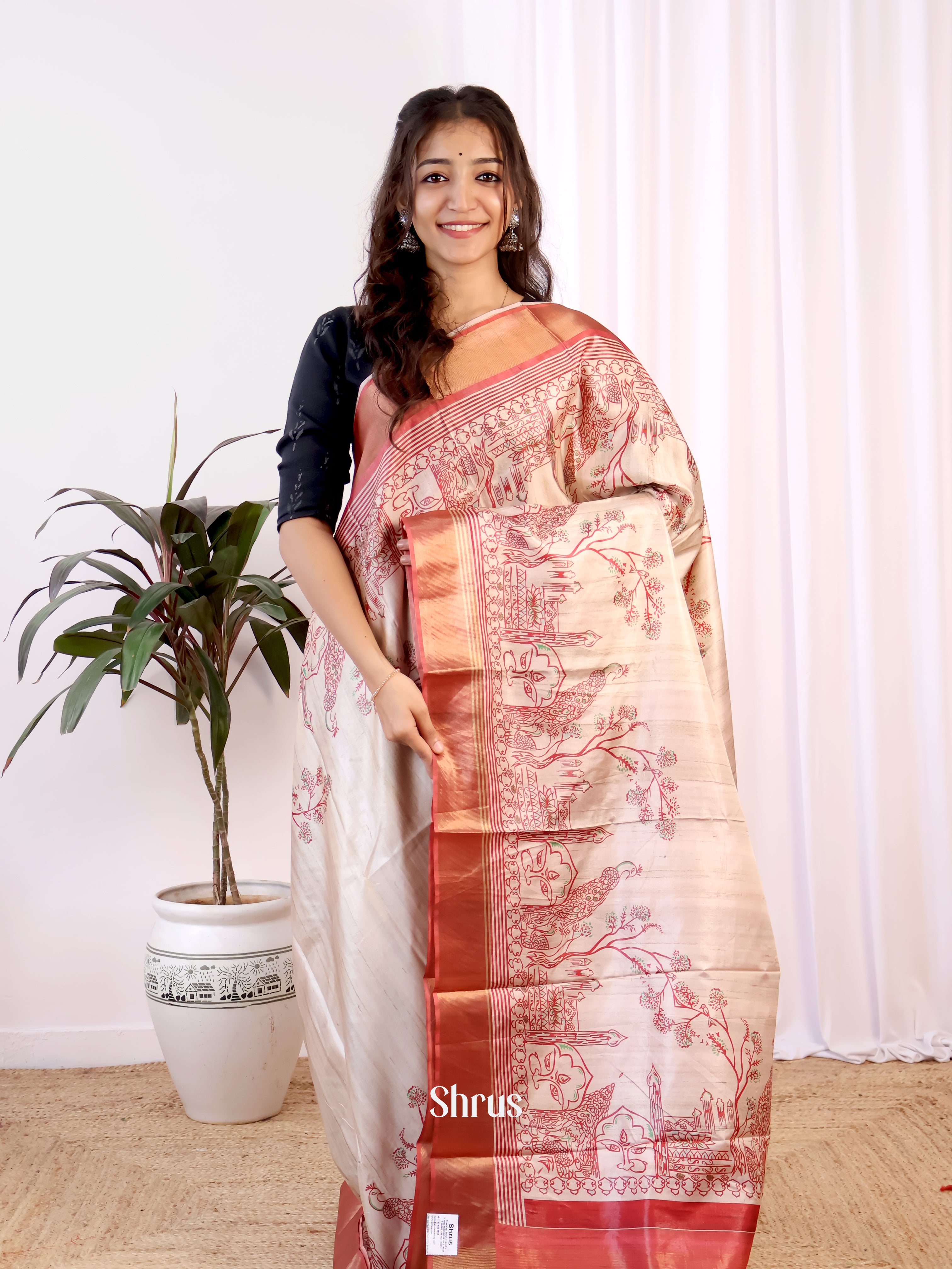 Cream & Red - Champa semitussar Saree - Shop on Shrus.com