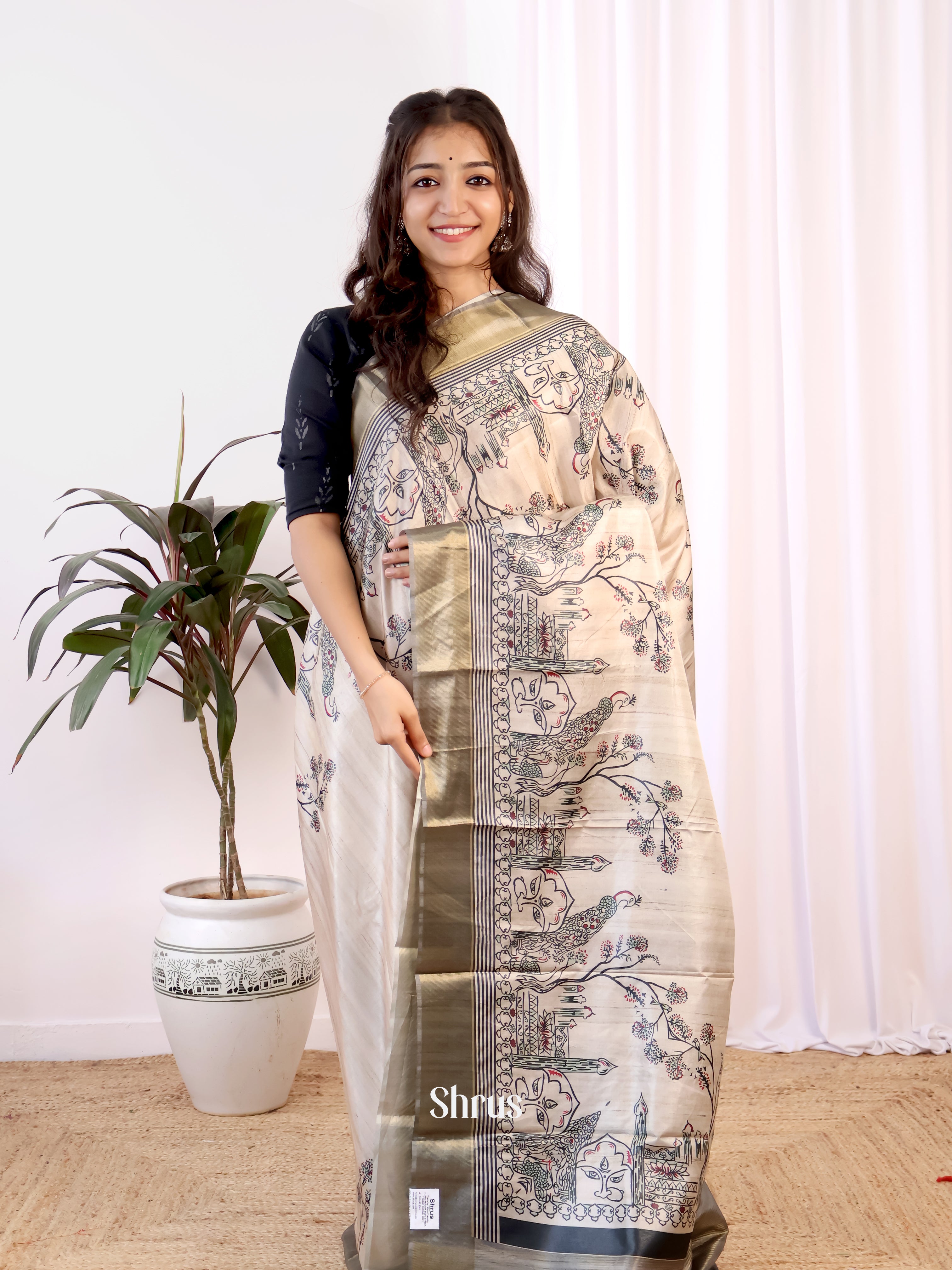 Cream & Black - Champa semitussar Saree - Shop on Shrus.com