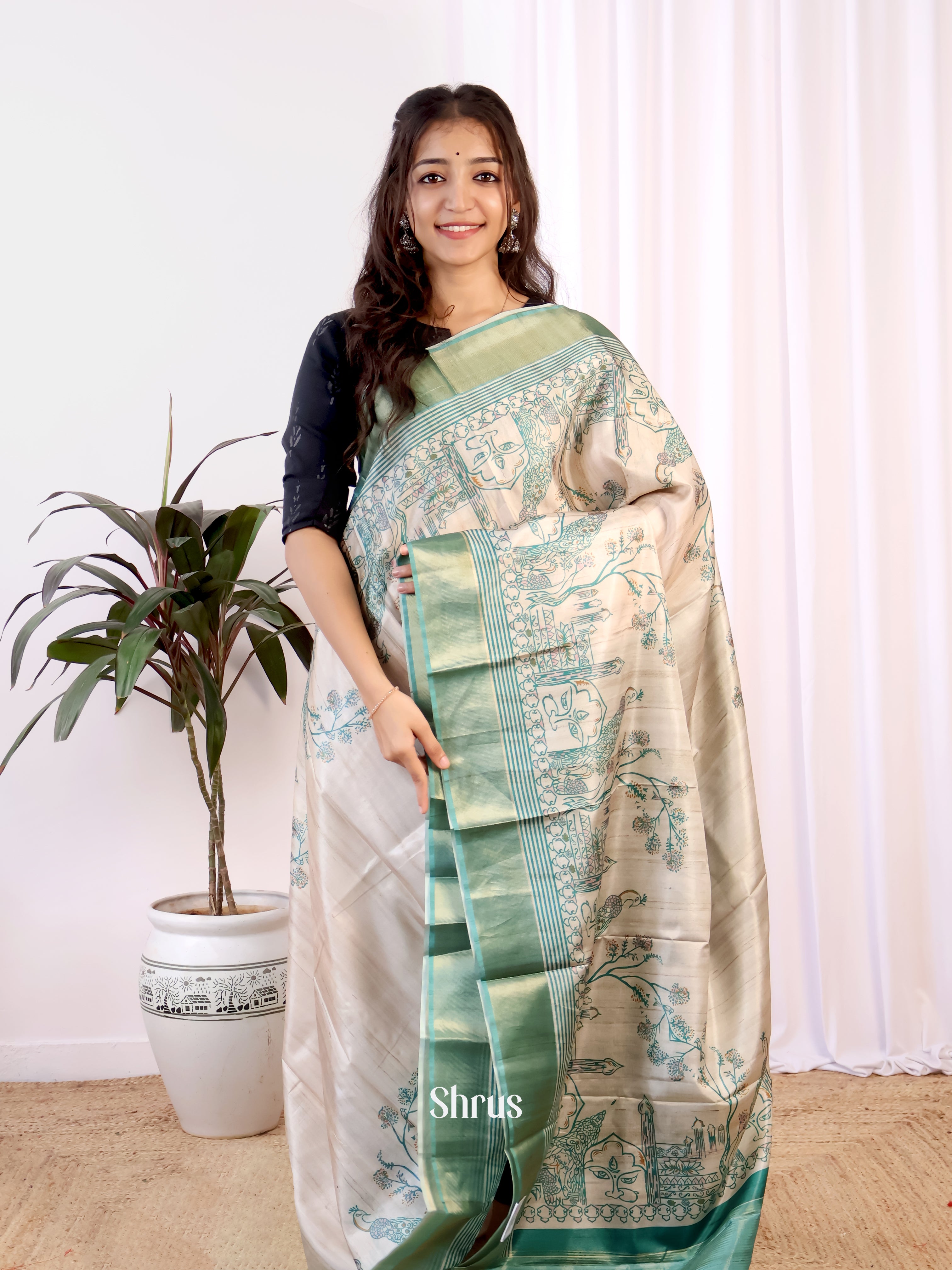 Cream & Green - Champa semitussar Saree - Shop on Shrus.com