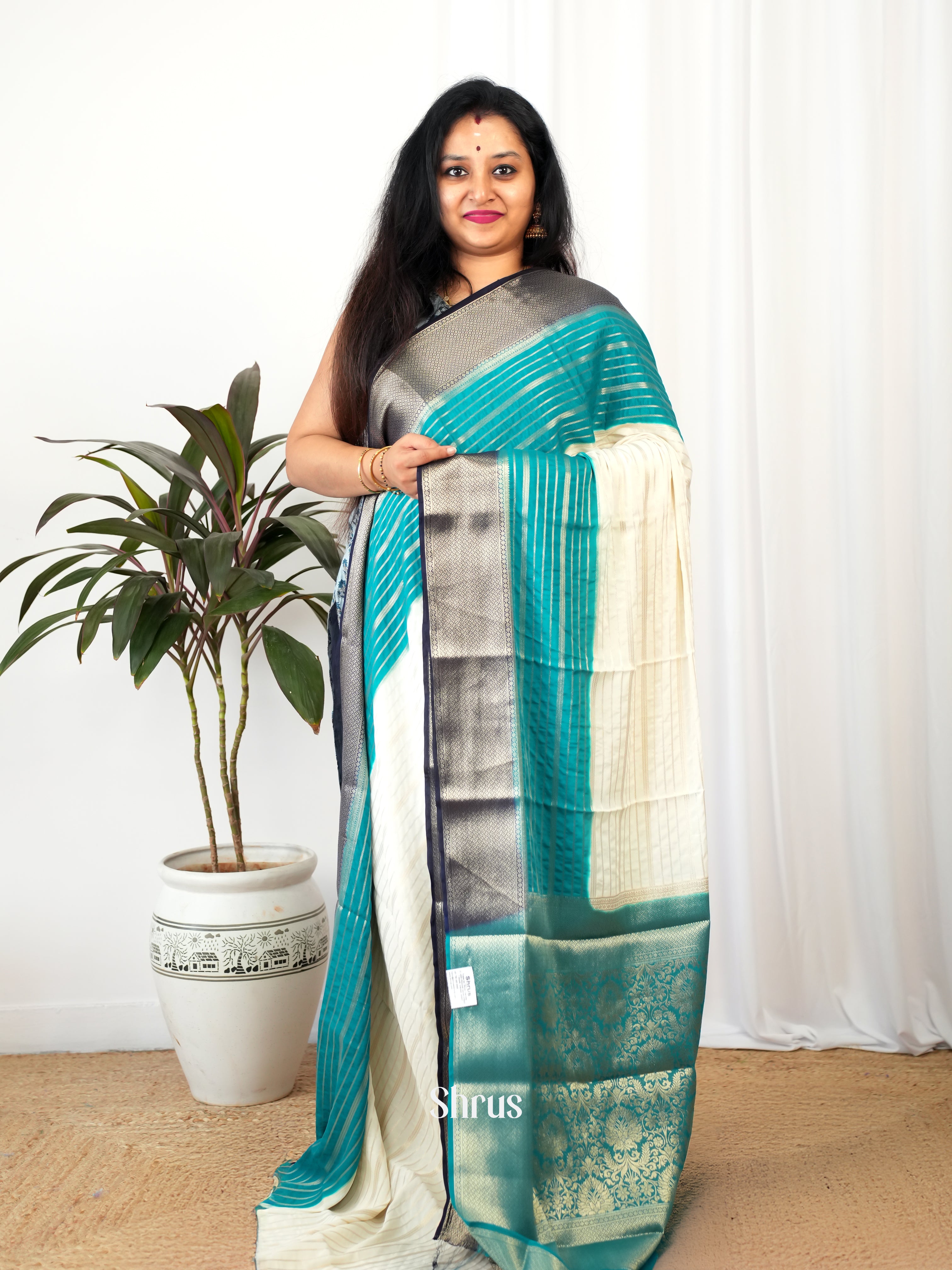 Cream & Teal- Mysoresilk-halfpure Saree - Shop on Shrus.com