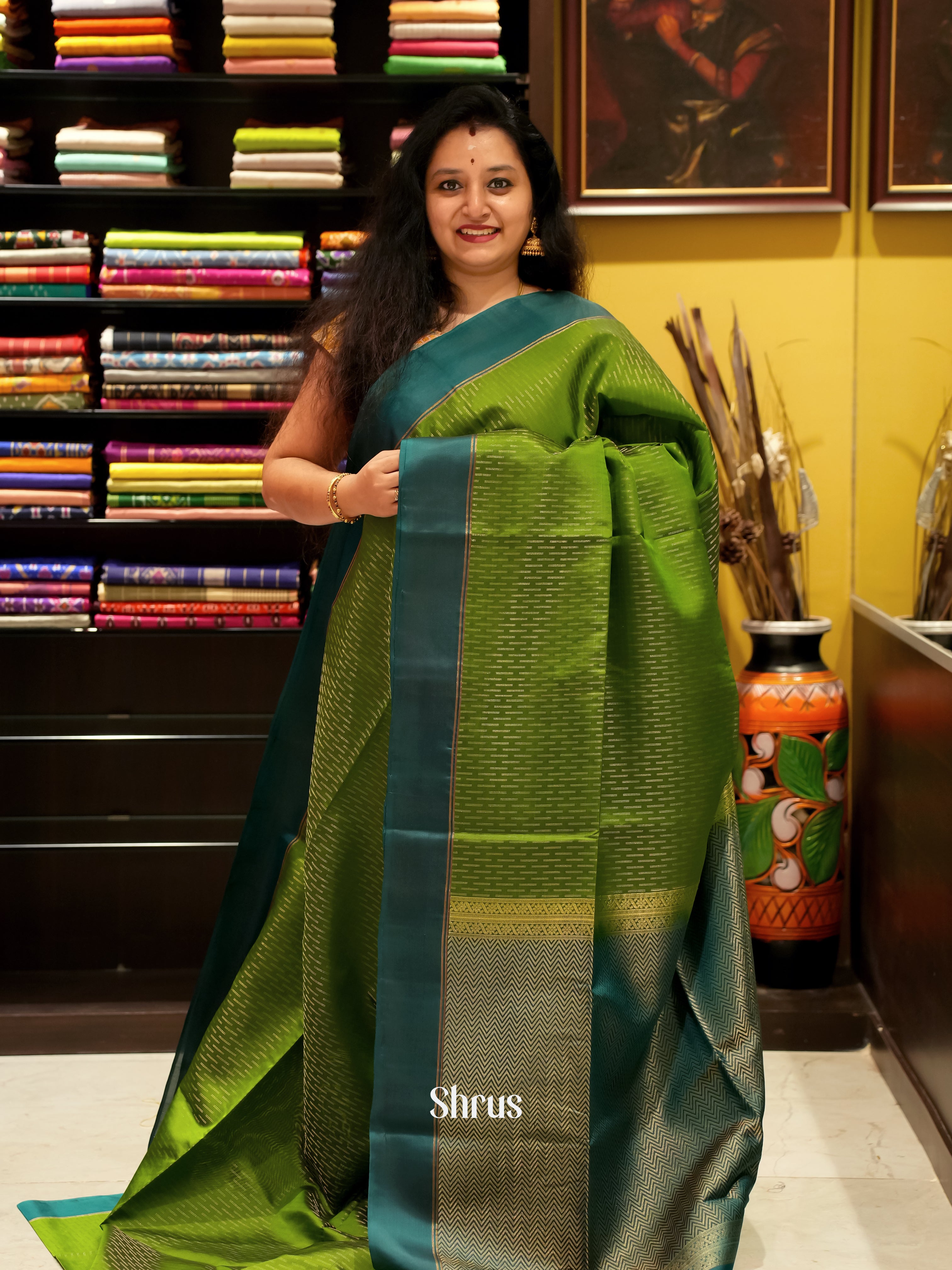 Leaf Green & Green - Soft Silk Saree - Shop on Shrus.com