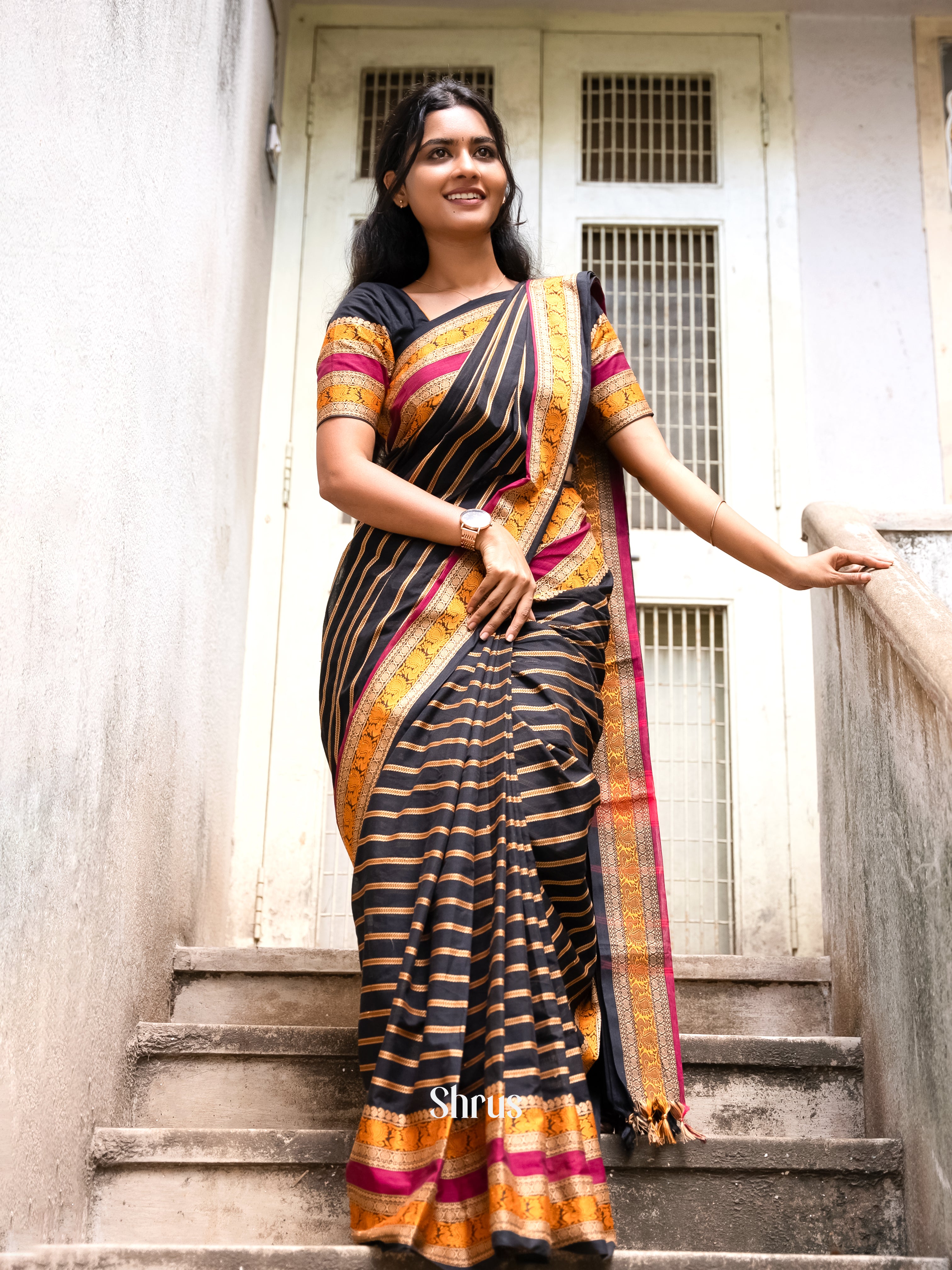 Black Thread woven Stripes & Maroon - Chettinad Cotton Saree - Shop on Shrus.com