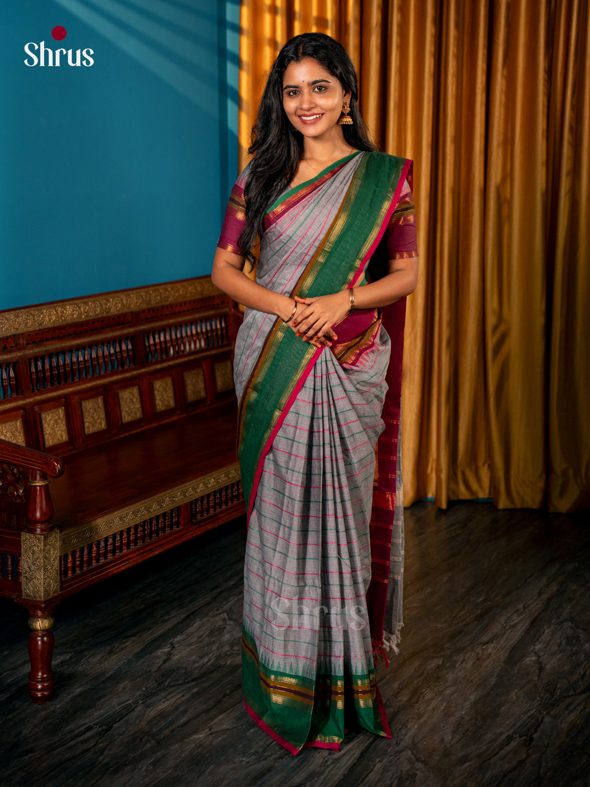 Grey & Green - Chettinad Cotton Saree - Shop on Shrus.com