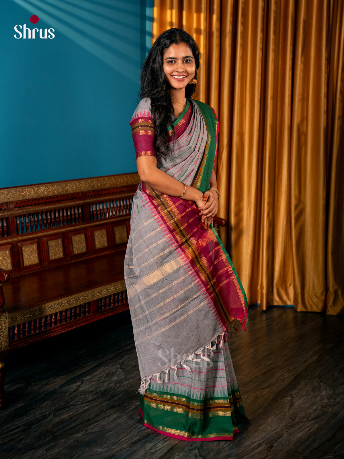 Grey & Green - Chettinad Cotton Saree - Shop on Shrus.com