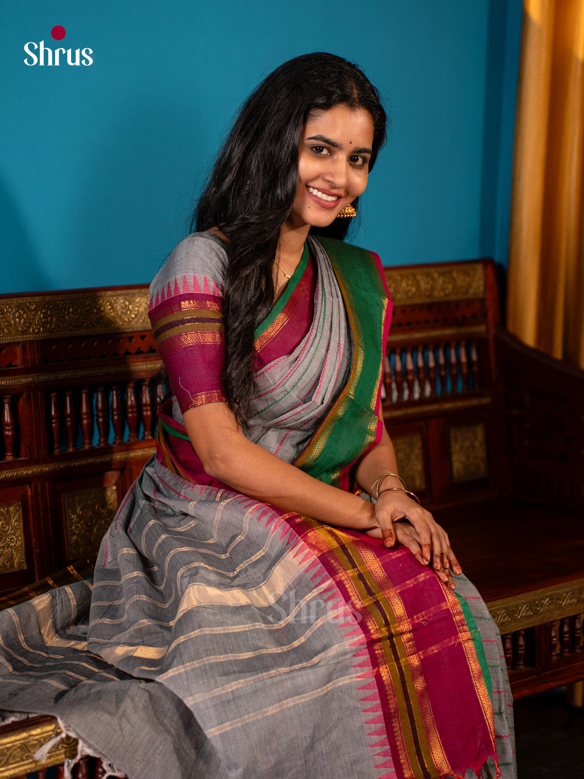Grey & Green - Chettinad Cotton Saree - Shop on Shrus.com