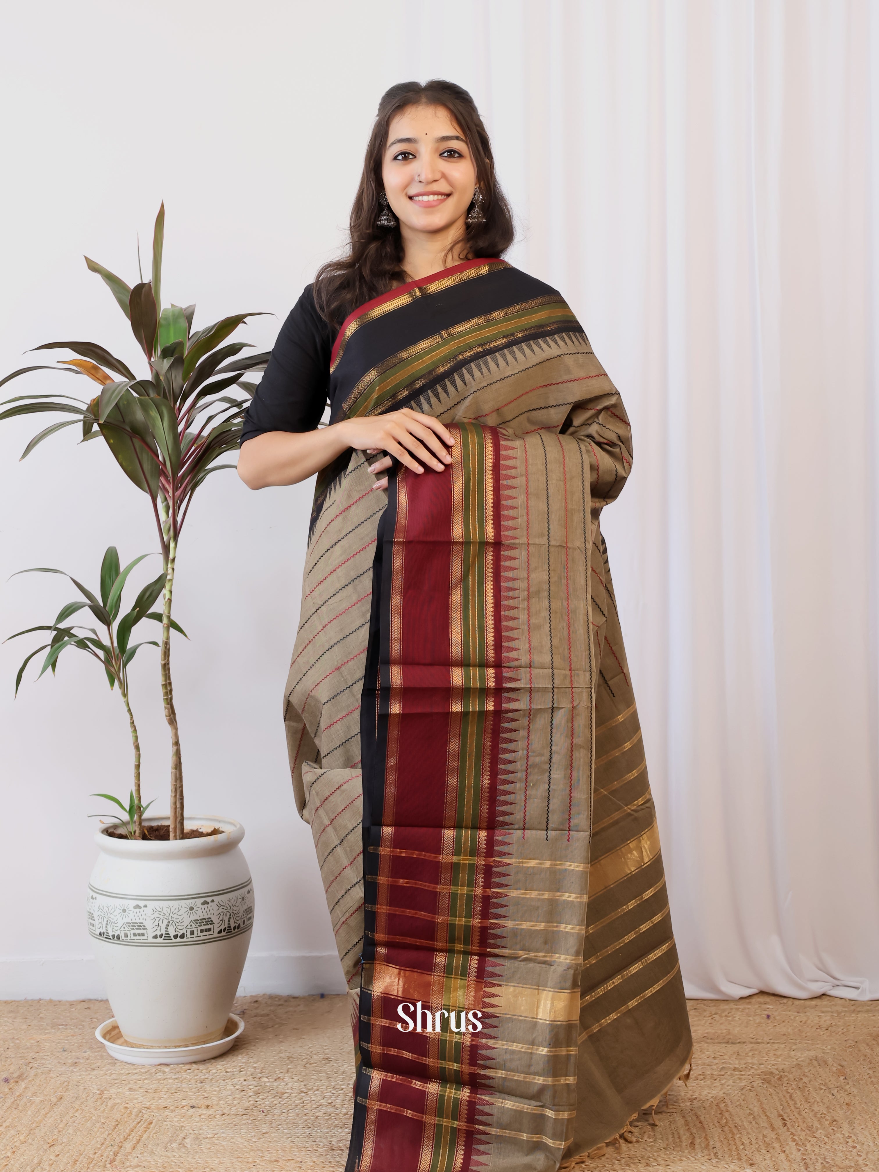 Grey & Black - Chettinad Cotton Saree - Shop on Shrus.com