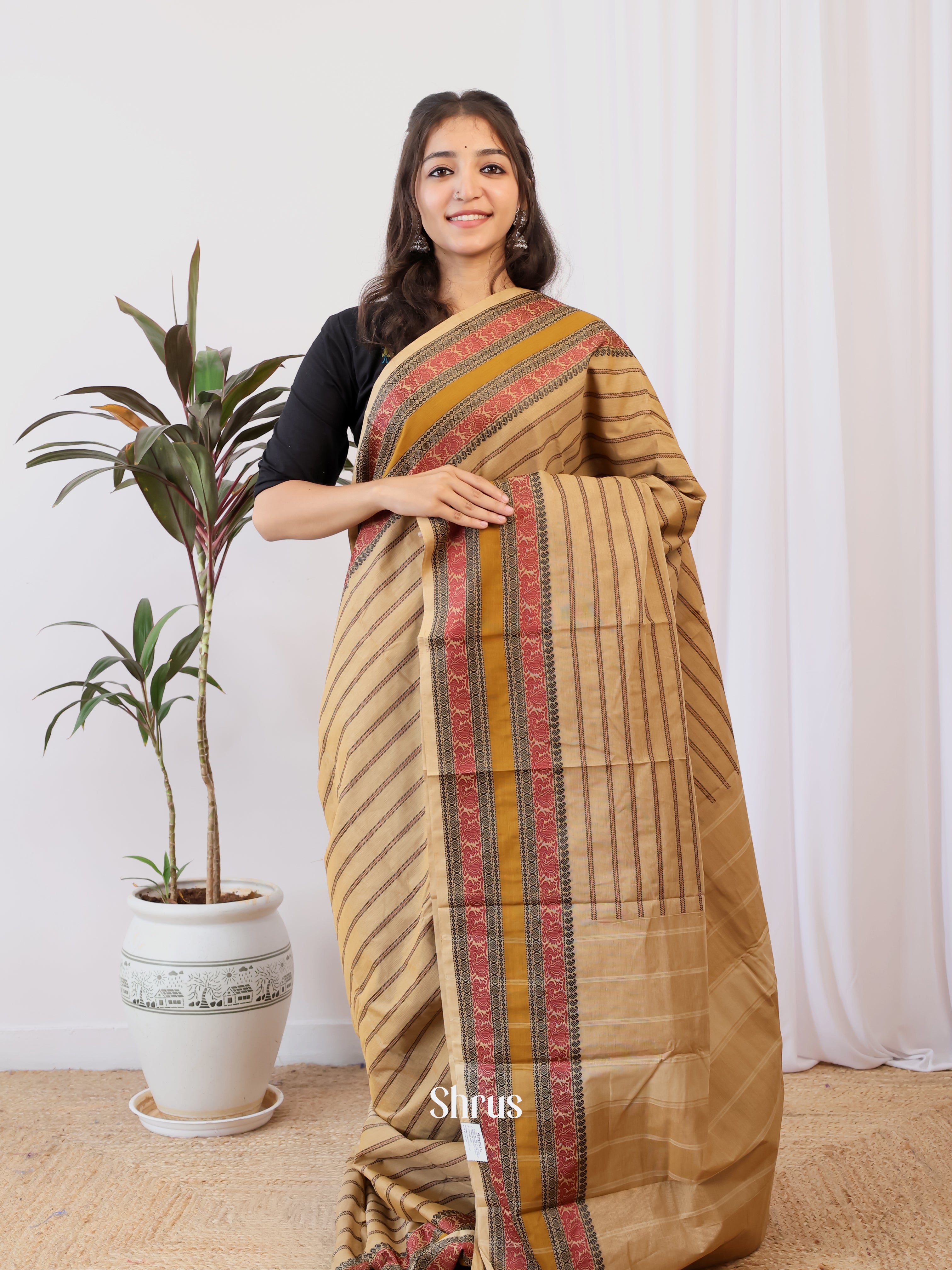 Beige - Chettinad Cotton Saree - Shop on Shrus.com