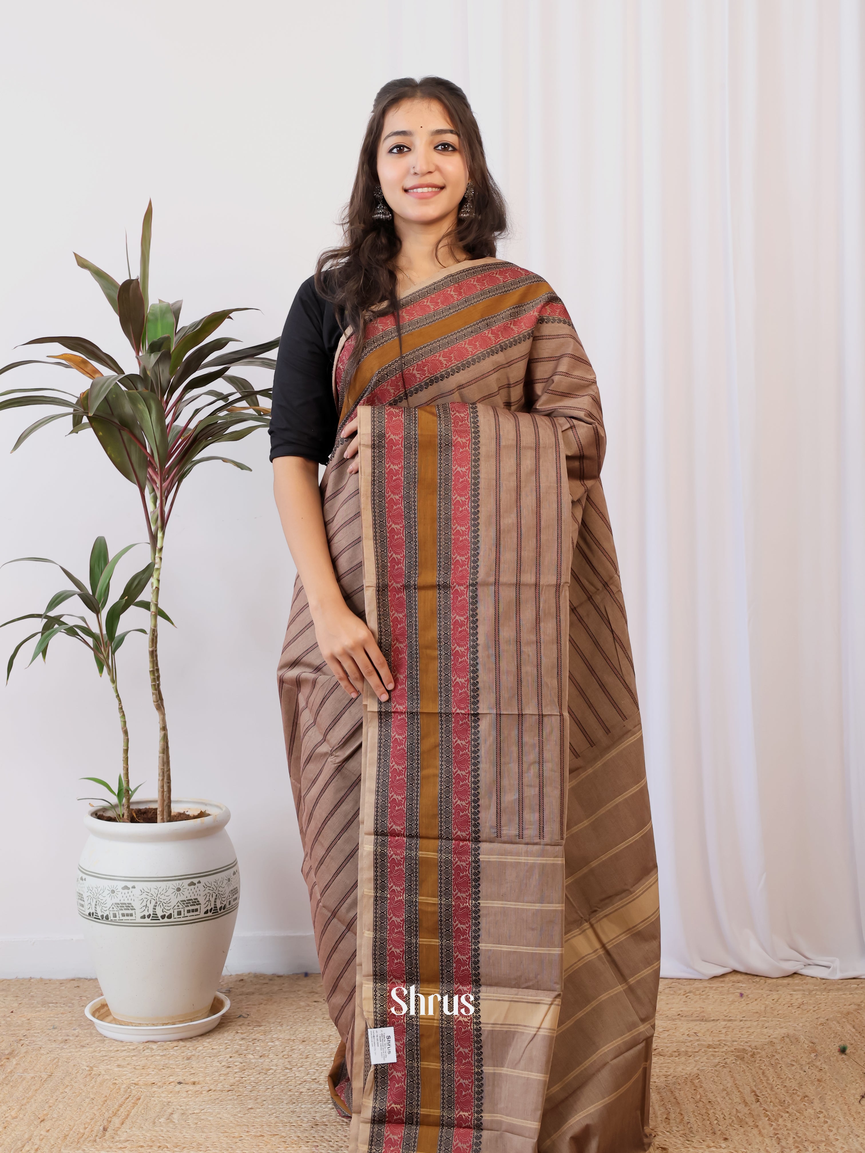 Brown - Chettinad Cotton Saree - Shop on Shrus.com